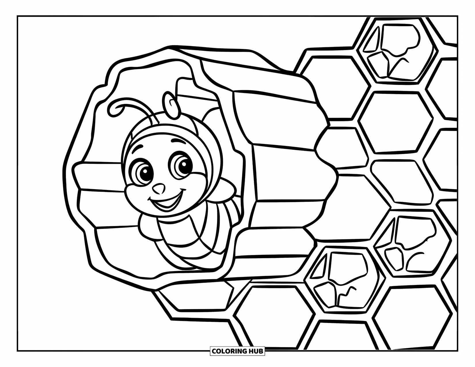 Dibujo de abeja para colorear para niños: Una abeja juguetona asoma desde una celda de panal, lista para explorar la colmena