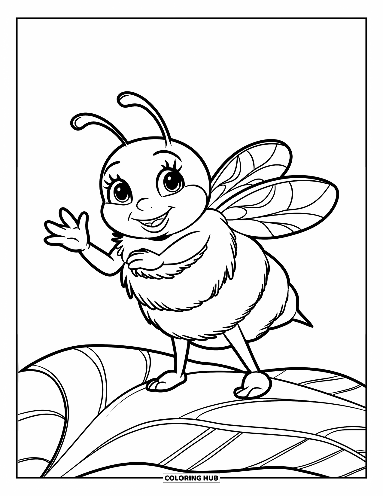 Dibujo de abeja para colorear para niños: Una pequeña abeja regordeta se para sobre una hoja, saludando al mundo con una gran sonrisa