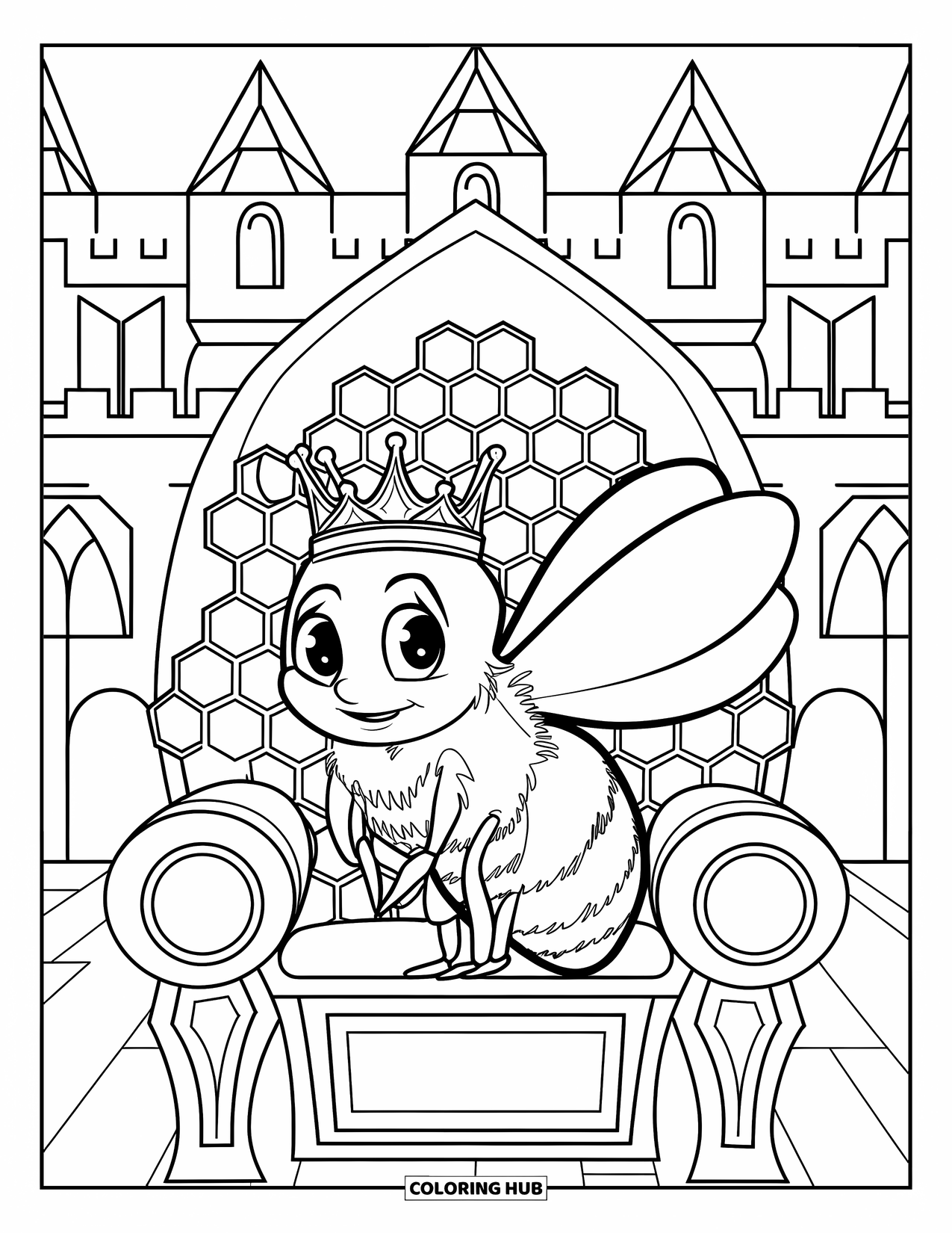 Dibujo de abeja para colorear para niños: Una abeja majestuosa con una pequeña corona se sienta con orgullo en un trono de panal
