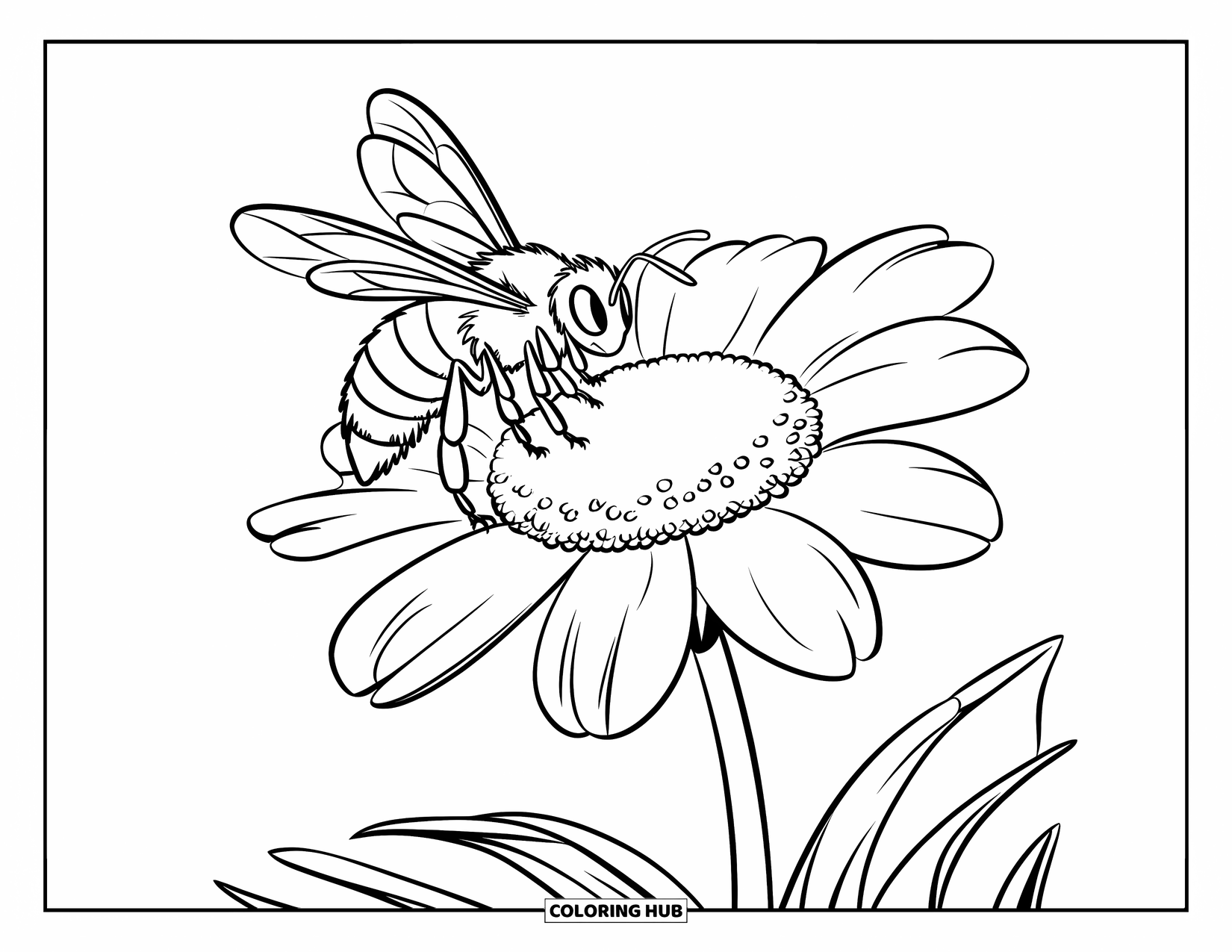 Dibujo de abeja para colorear para niños: Una abeja rayada aterriza suavemente en una flor, recolectando polen dorado