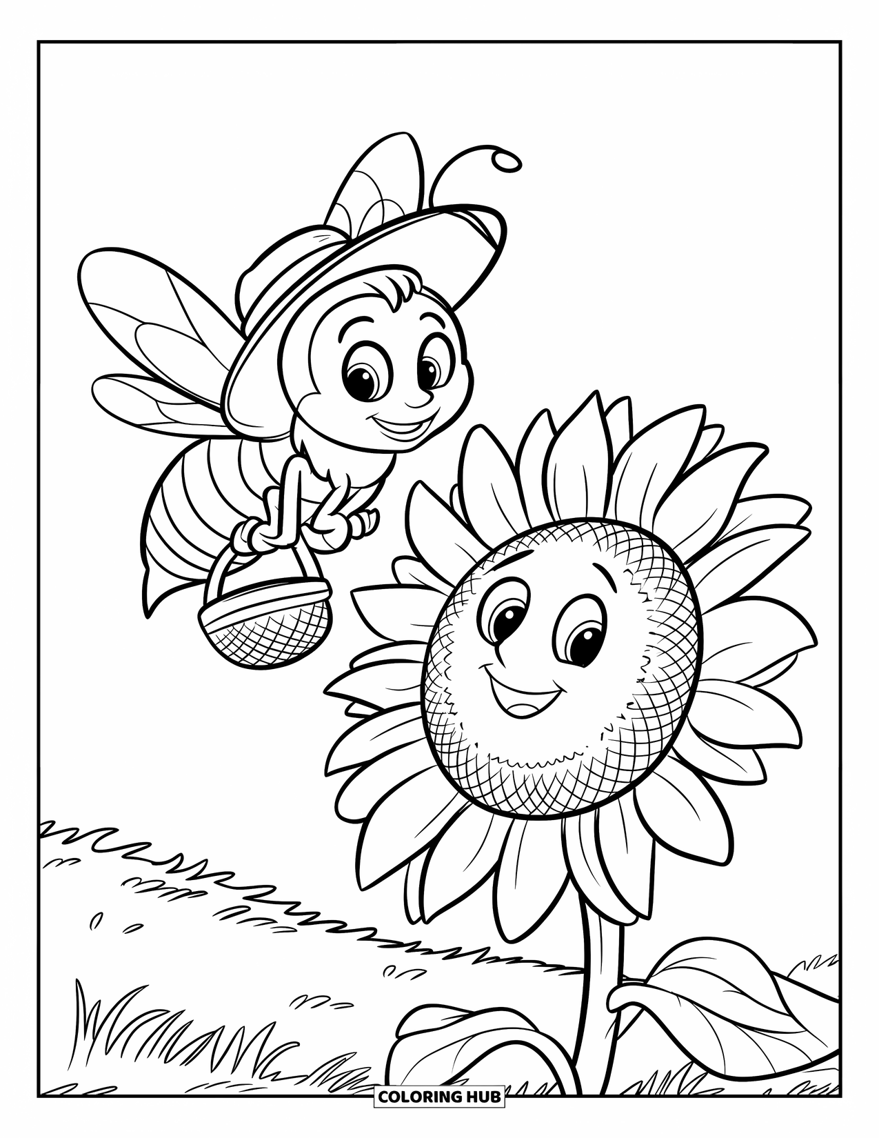 Dibujo de abeja para colorear para niños: Una pequeña abeja que transporta polen aterriza en un girasol, lista para su próxima tarea