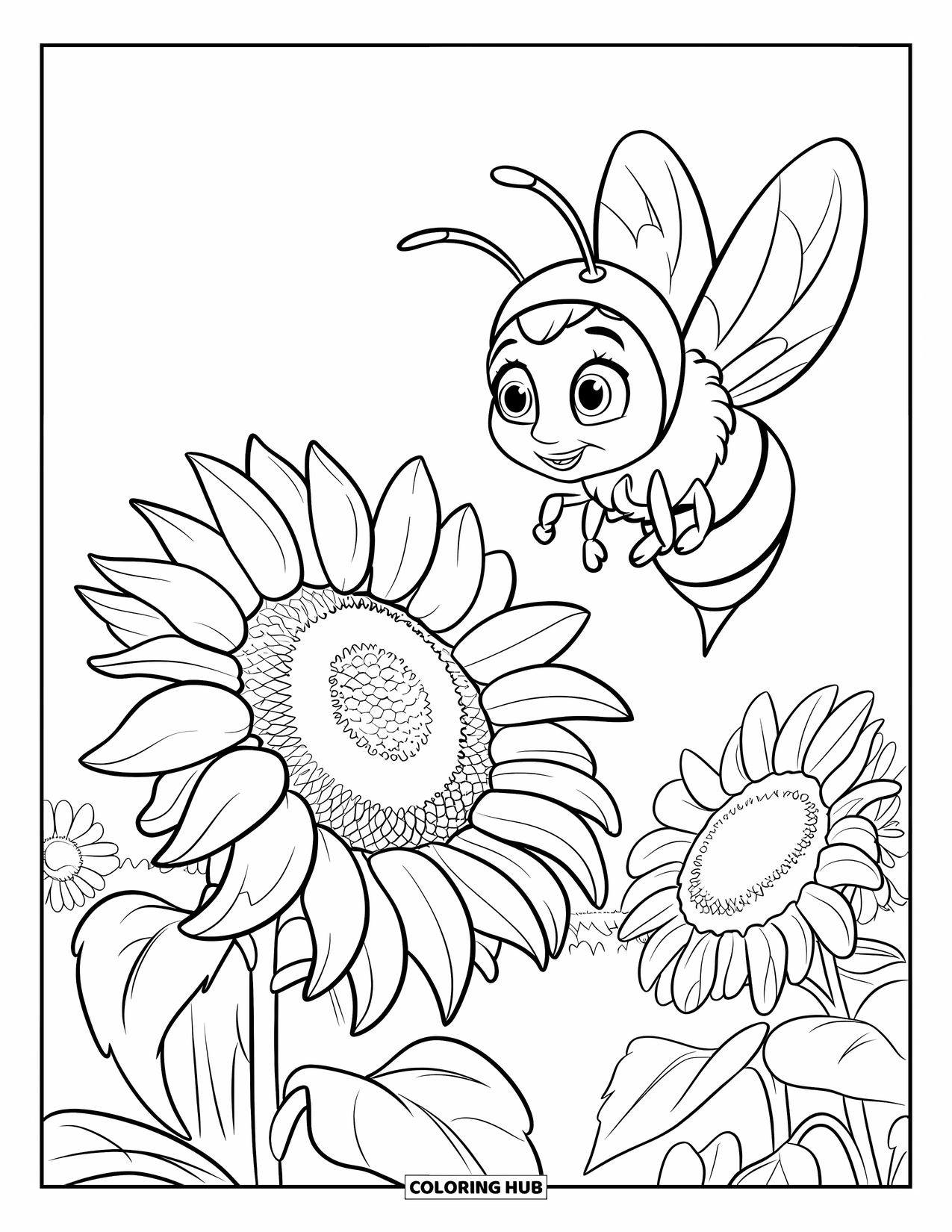 Dibujo de abeja para colorear para niños: Una pequeña abeja da vueltas alrededor de un girasol, disfrutando del sol y el aire fresco