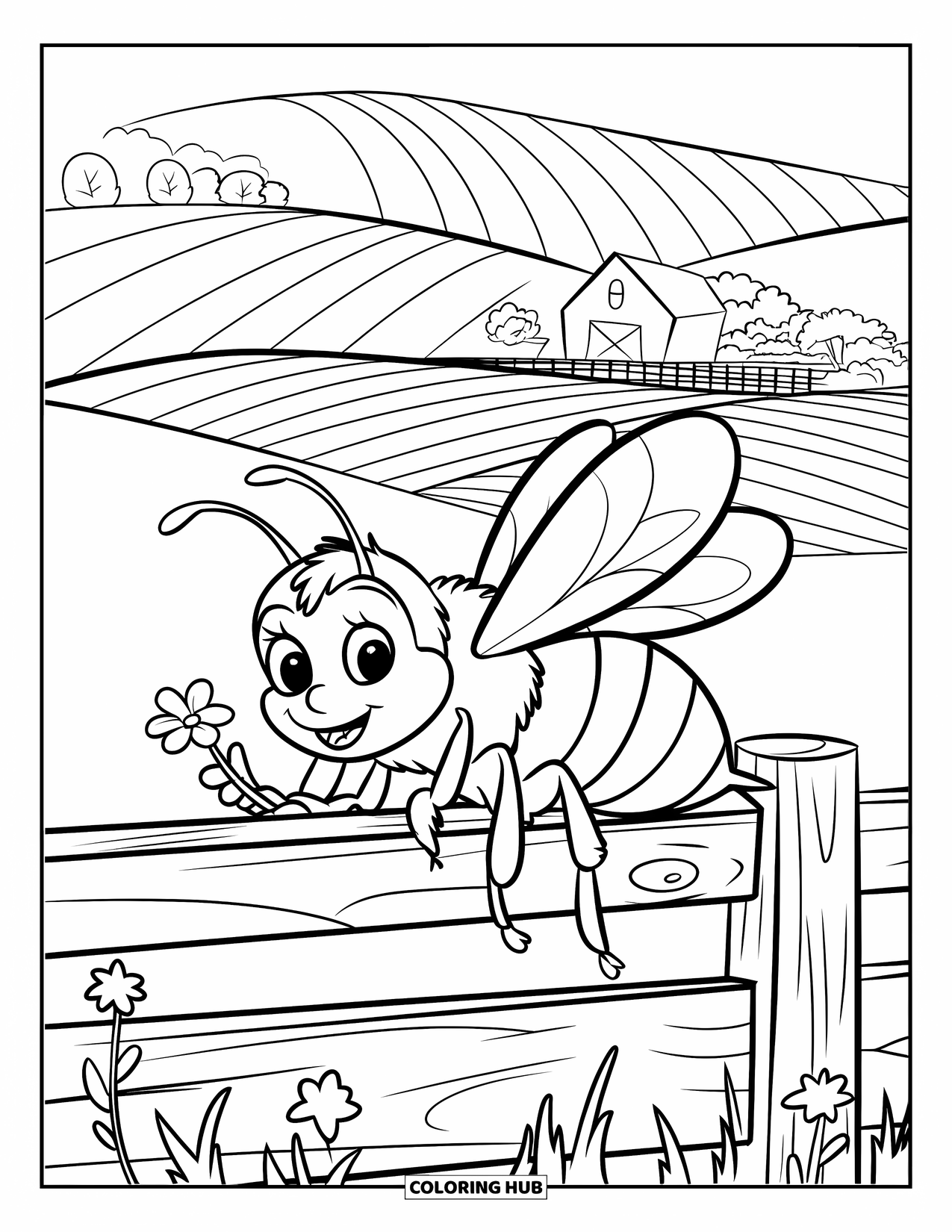 Dibujo de abeja para colorear para niños: Una pequeña abeja sostiene una flor mientras descansa en una cerca, con vista a una granja tranquila