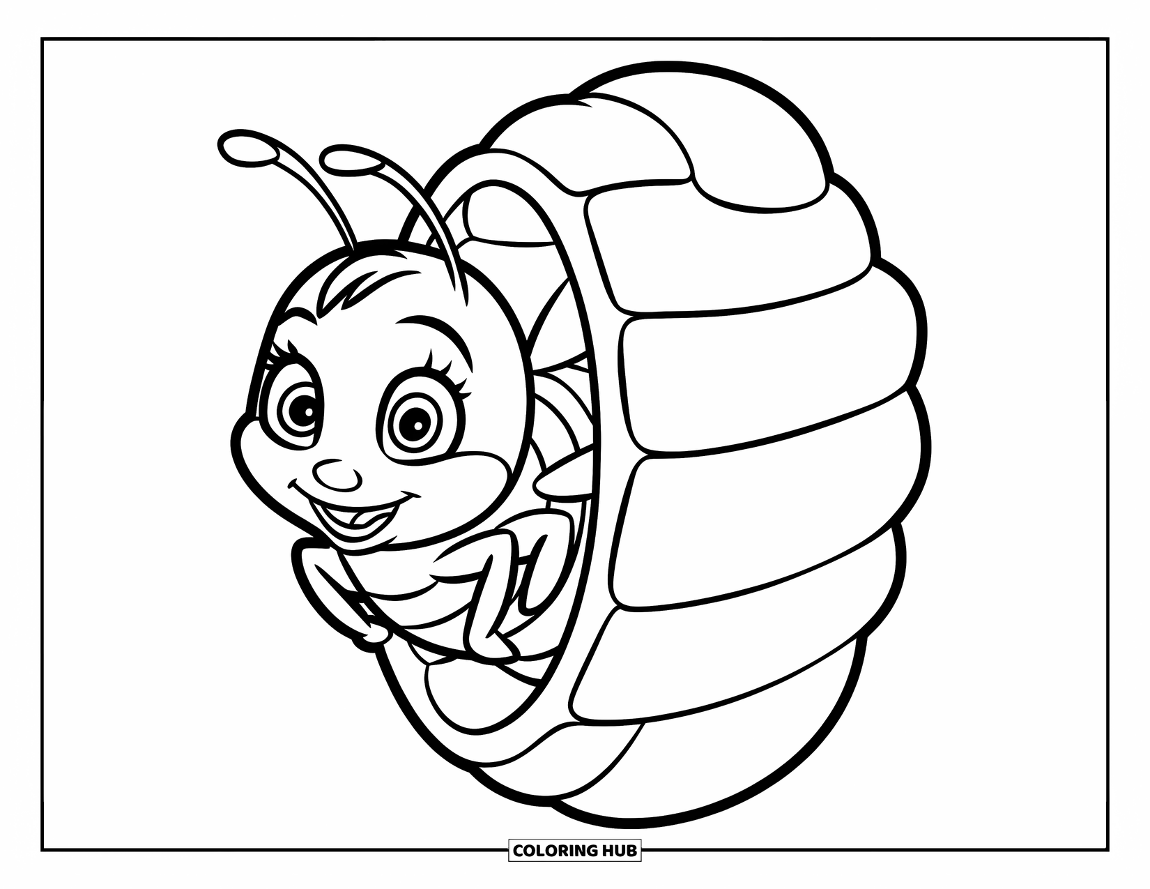 Dibujo de abeja para colorear para niños: Una pequeña abeja asoma por su hogar de panal con una gran sonrisa amigable
