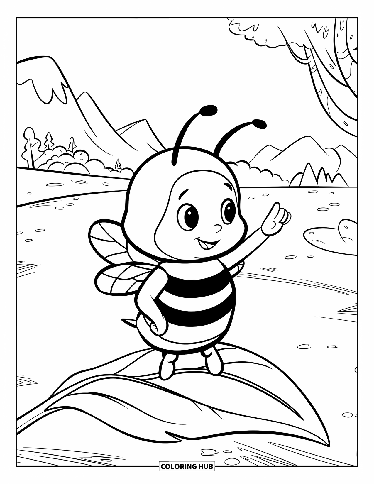 Dibujo de abeja para colorear para niños: Una pequeña abeja saluda alegremente mientras está parada sobre una hoja que se balancea con la brisa