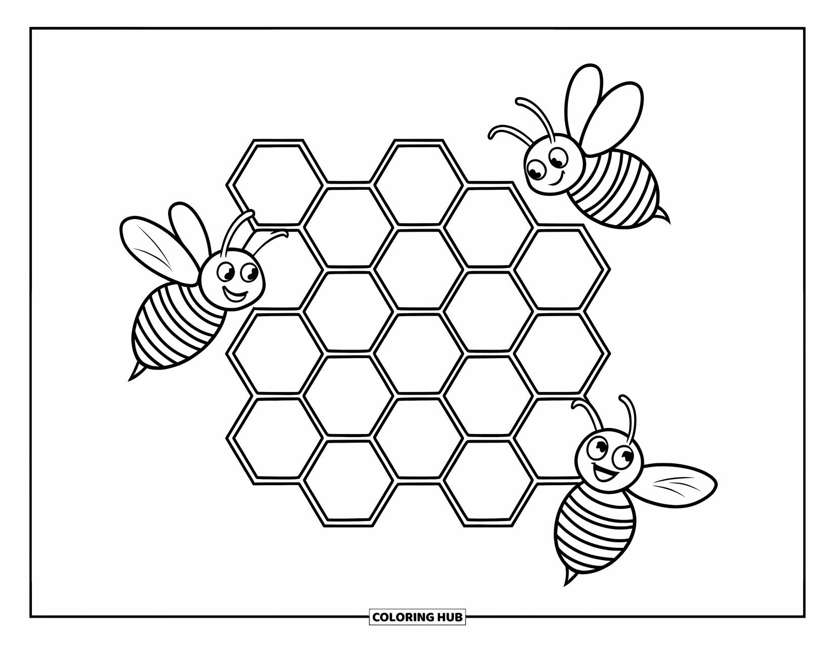 Dibujo de abeja para colorear para niños: Las abejas bailan alrededor de un panal, llevando cuidadosamente sus cestas de polen a casa