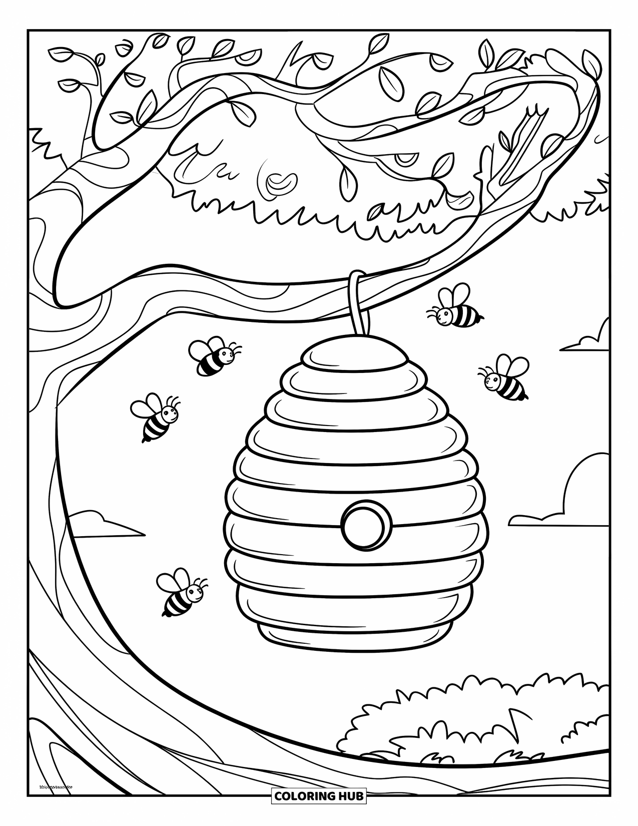 Dibujo de abeja para colorear para niños: Cinco abejas revolotean alrededor de una colmena que se balancea suavemente de la rama curva de un árbol