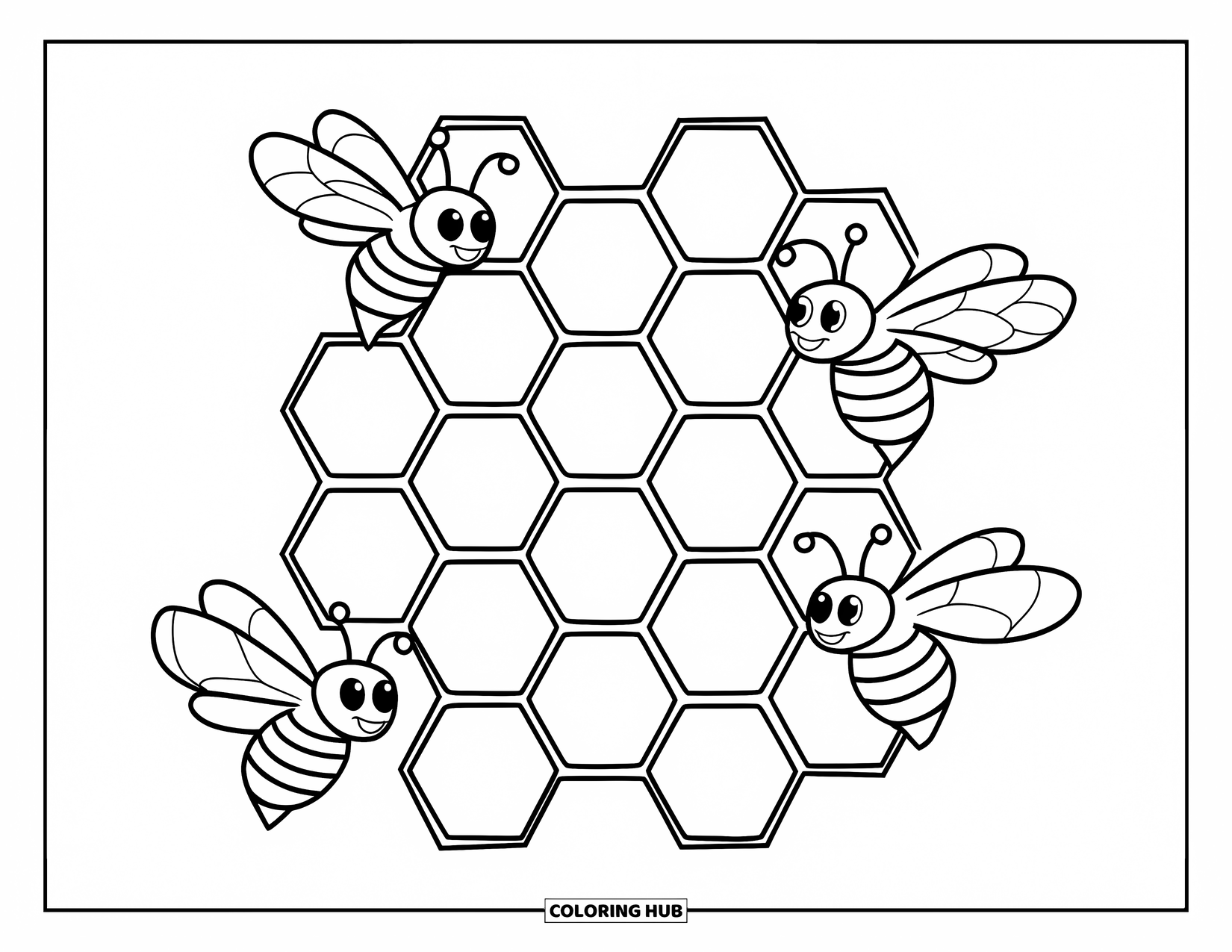 Dibujo de abeja para colorear para niños: Tres abejas ocupadas revolotean cerca de un panal, cada una cargando pequeñas cestas de polen