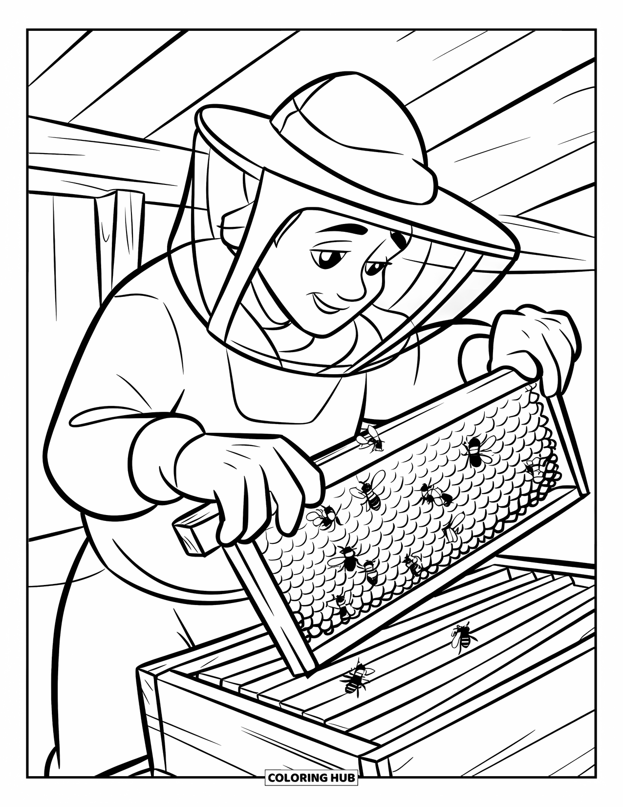 Dibujo de abeja para colorear para niños: Con mano firme, el apicultor levanta un marco de panal para revisar la miel dorada