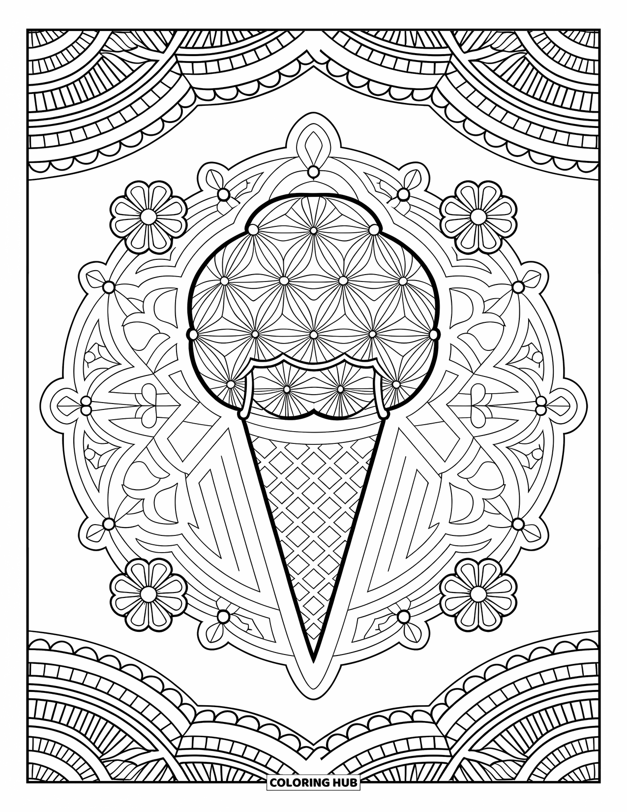 Desen de colorat cu înghețată pentru adulți: O mandala de înghețată frumos detaliată, care combină simetria florală și eleganța geometrică