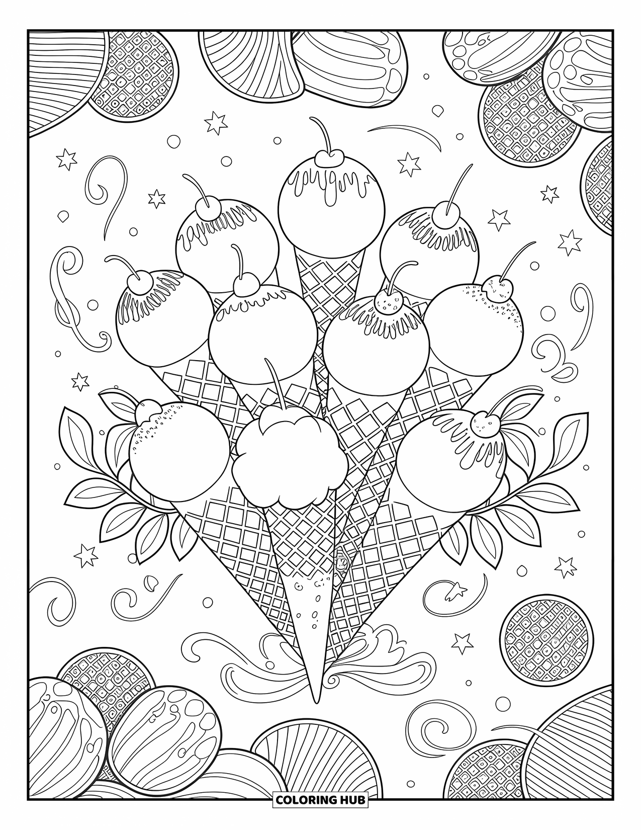 Desen de colorat cu înghețată pentru adulți: Un buchet de cornete și cupe de înghețată aranjate ca flori, cu detalii decorative spiralate