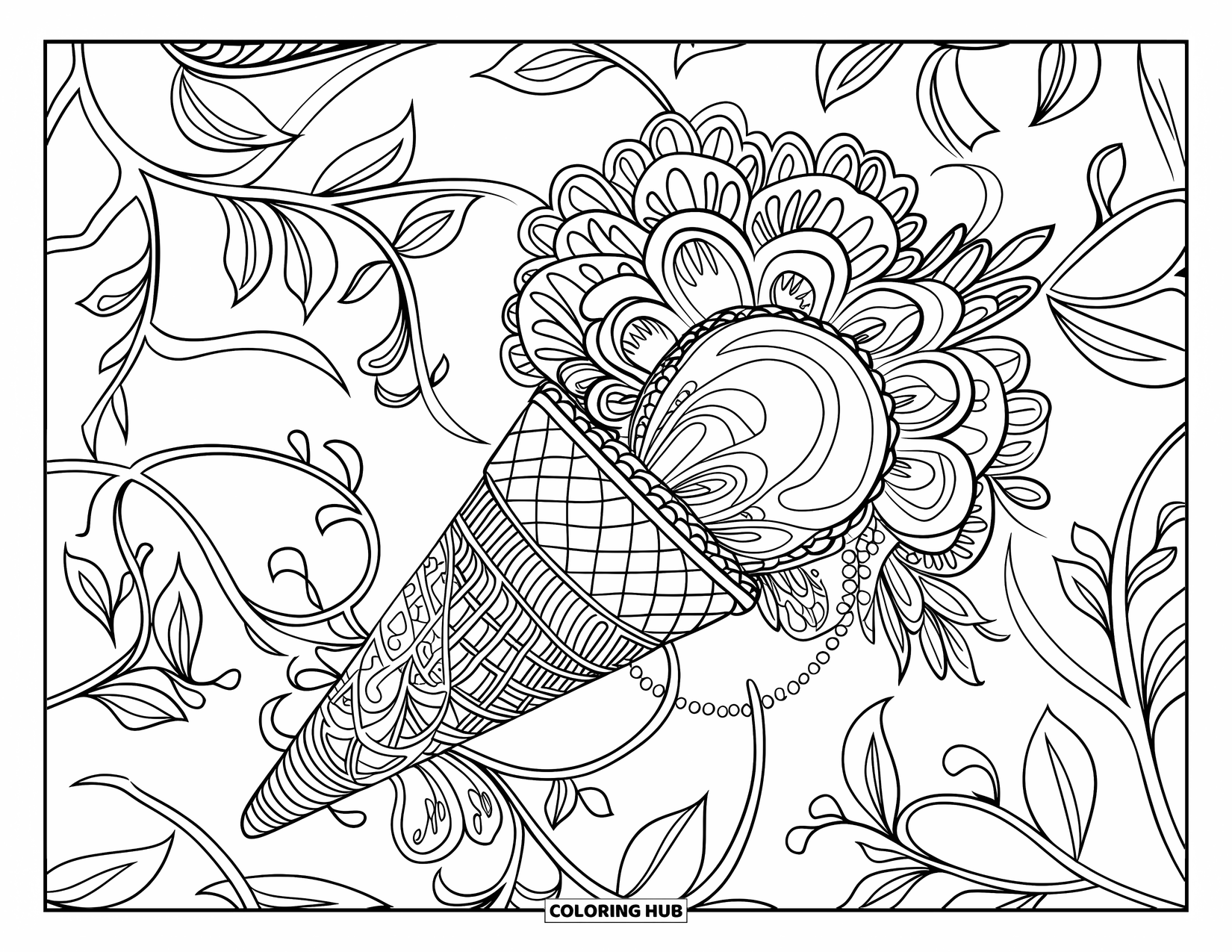 Desen de colorat cu înghețată pentru adulți: Un cornet delicat de înghețată înfășurat în dantelă complexă, modele florale și filigran spiralat