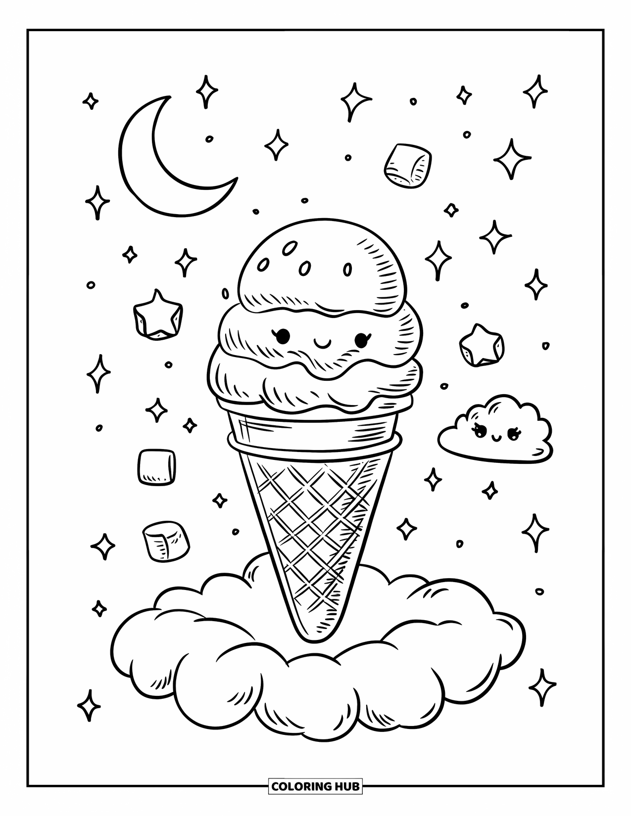 Desen de colorat cu înghețată pentru adulți: Un ice float de vis se odihnește pe un nor, cu o semilună și bezele mici plutitoare