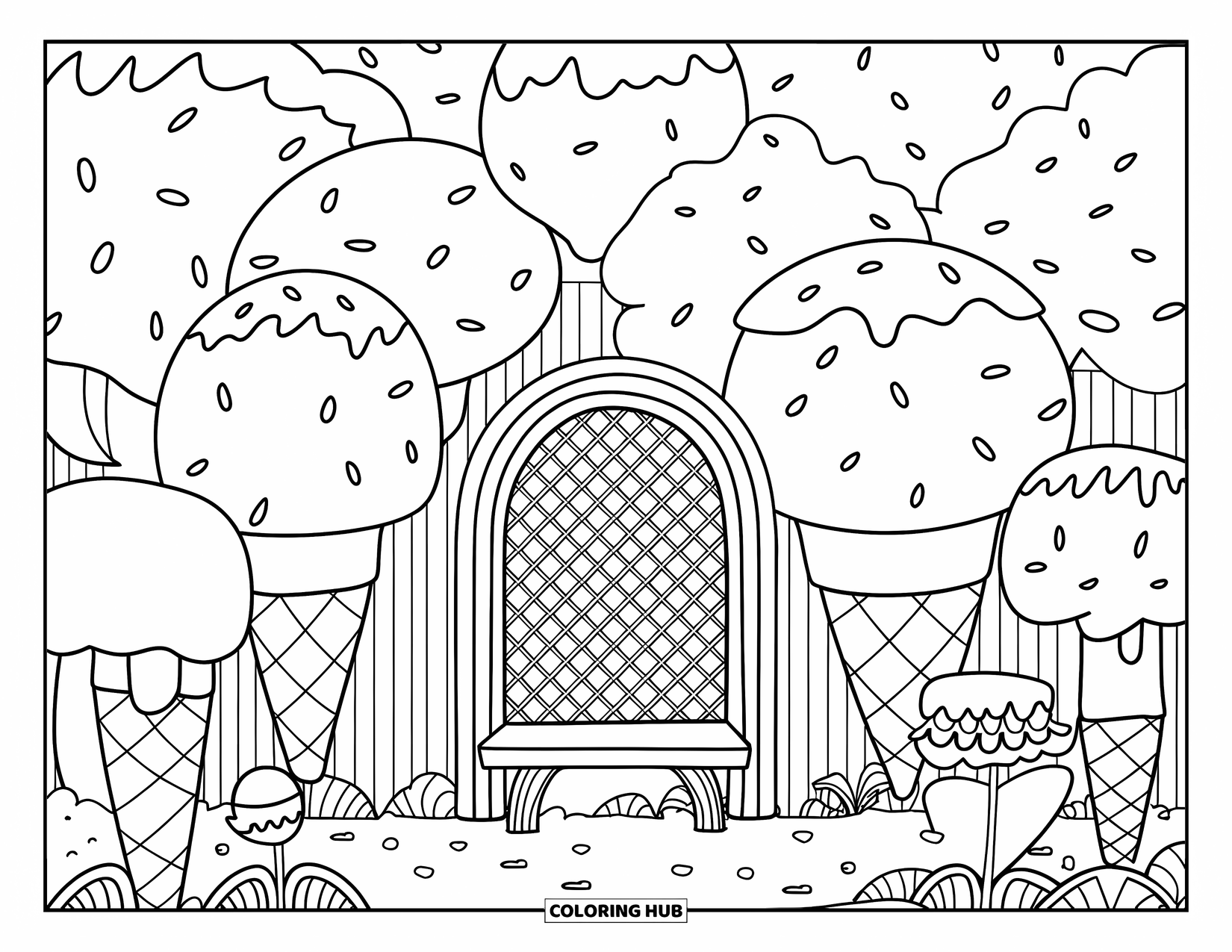 Desen de colorat cu înghețată pentru adulți: O grădină de vis cu înghețată, unde copacii de cornet cresc înalți, sprinkles plutesc și o bancă confortabilă invită vizitatorii