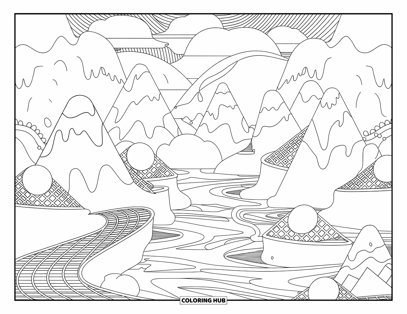 Desen de colorat cu înghețată pentru adulți: Un peisaj de vis cu munți de înghețată, poteci de cornete de napolitană și râuri de înghețată topită