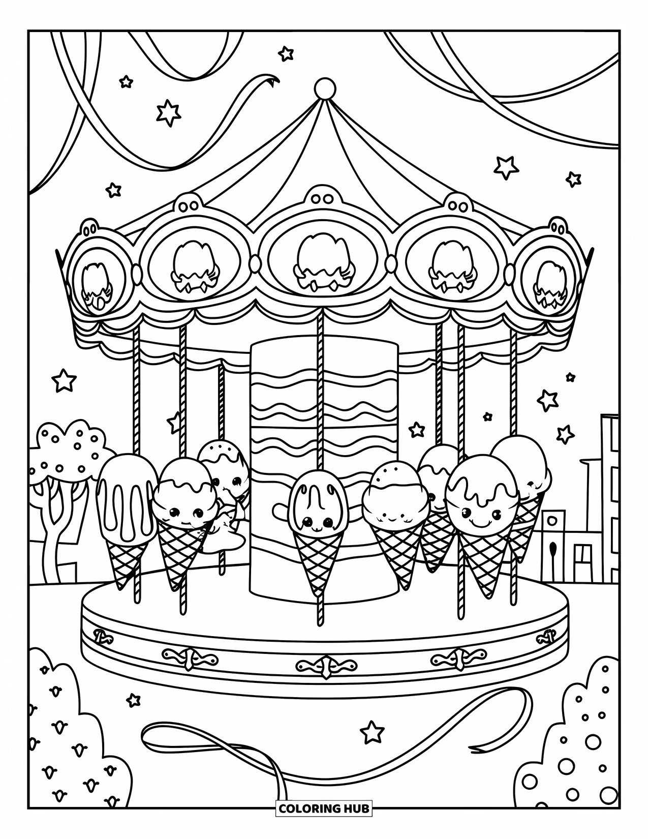 Desen de colorat cu înghețată pentru adulți: Un carusel distractiv și capricios cu scaune în formă de înghețată, care se învârte sub un baldachin cu decorațiuni strălucitoare