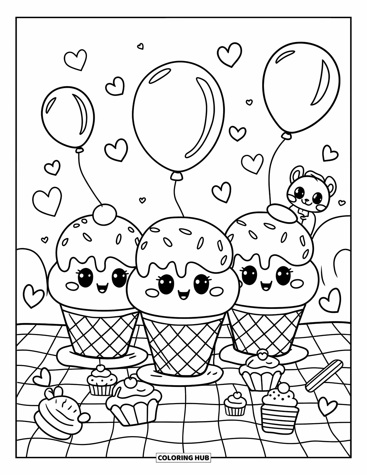 Desen de colorat cu înghețată pentru adulți: Un picnic vesel cu cornete adorabile de înghețată, deserturi mici și o veveriță curioasă care se uită în apropiere