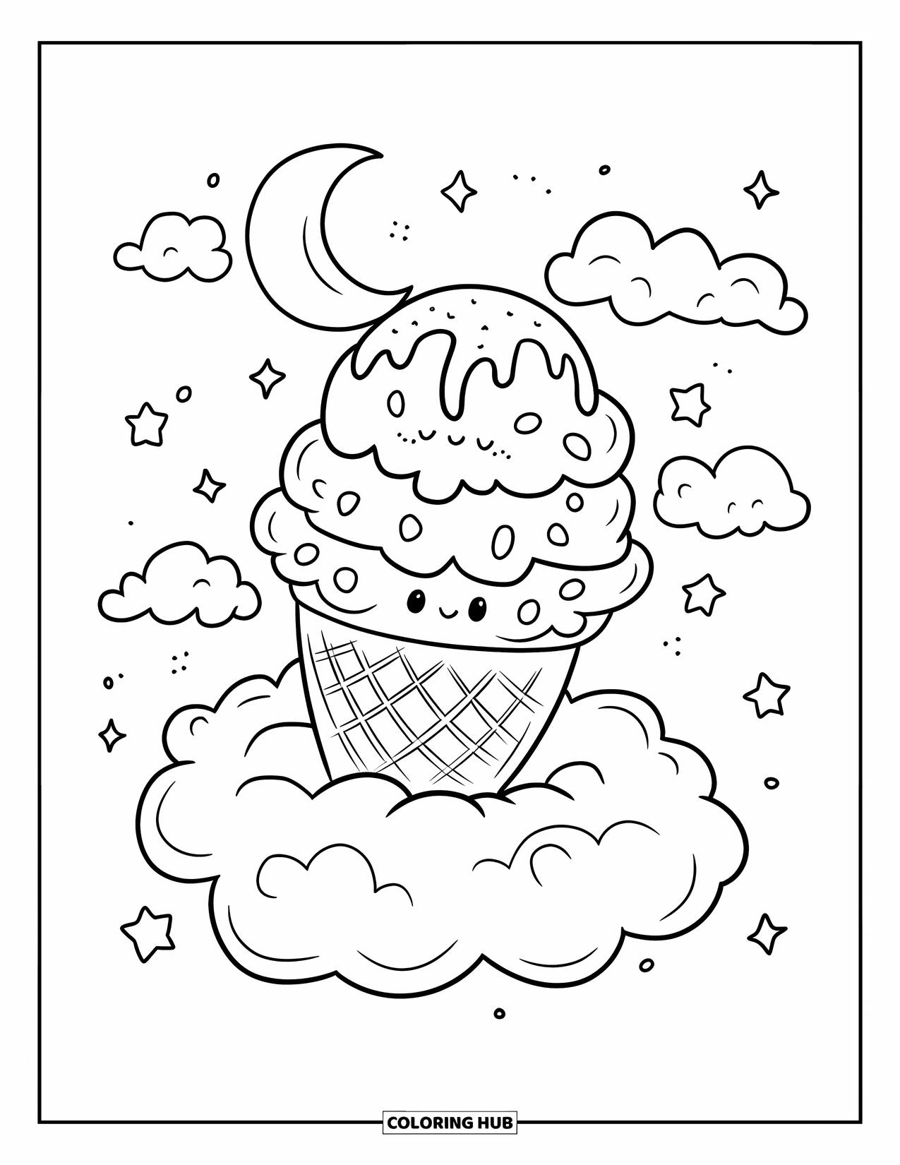 Desen de colorat cu înghețată pentru adulți: Un ice float în stil kawaii, unde un cornet se odihnește pe un nor pufos sub un cer de vis, luminat de lună