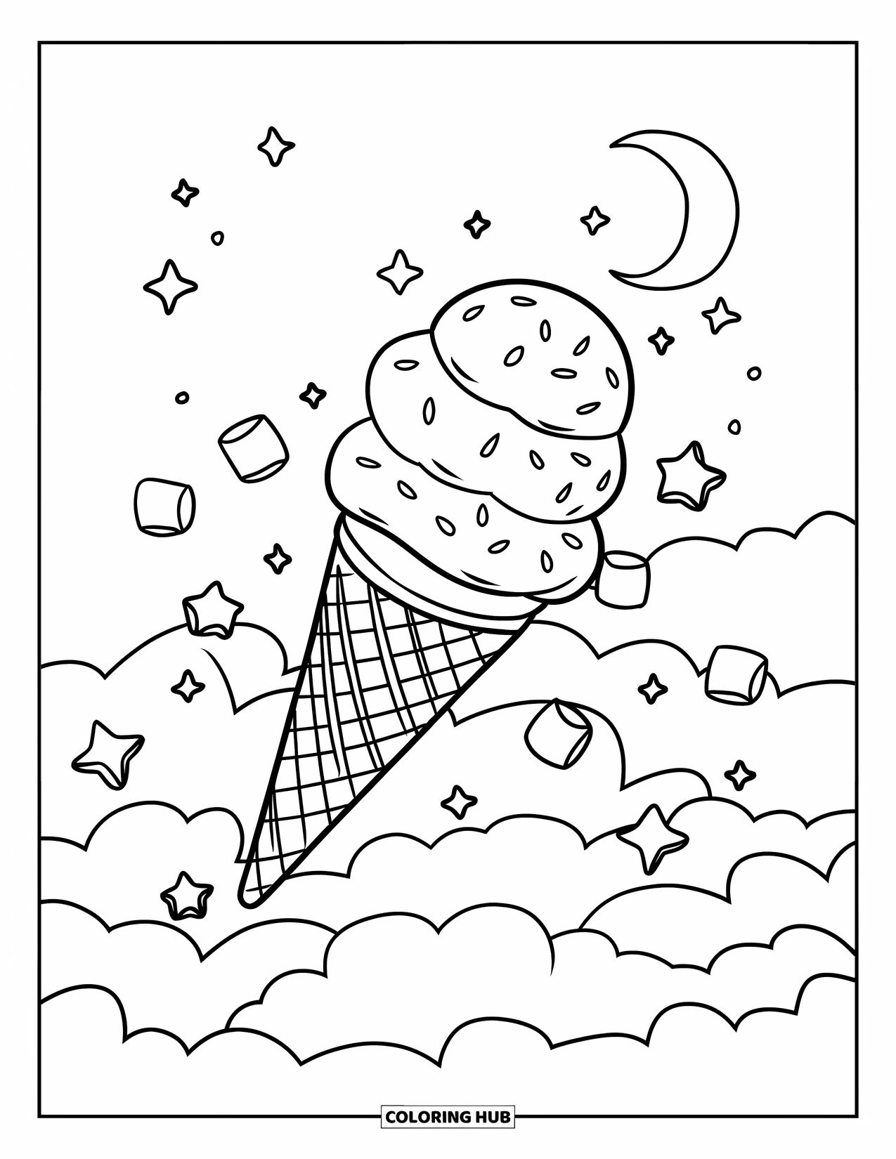 Desen de colorat cu înghețată pentru adulți: Un cornet magic de înghețată care plutește pe cerul nopții, înconjurat de bezele în formă de stea și o semilună
