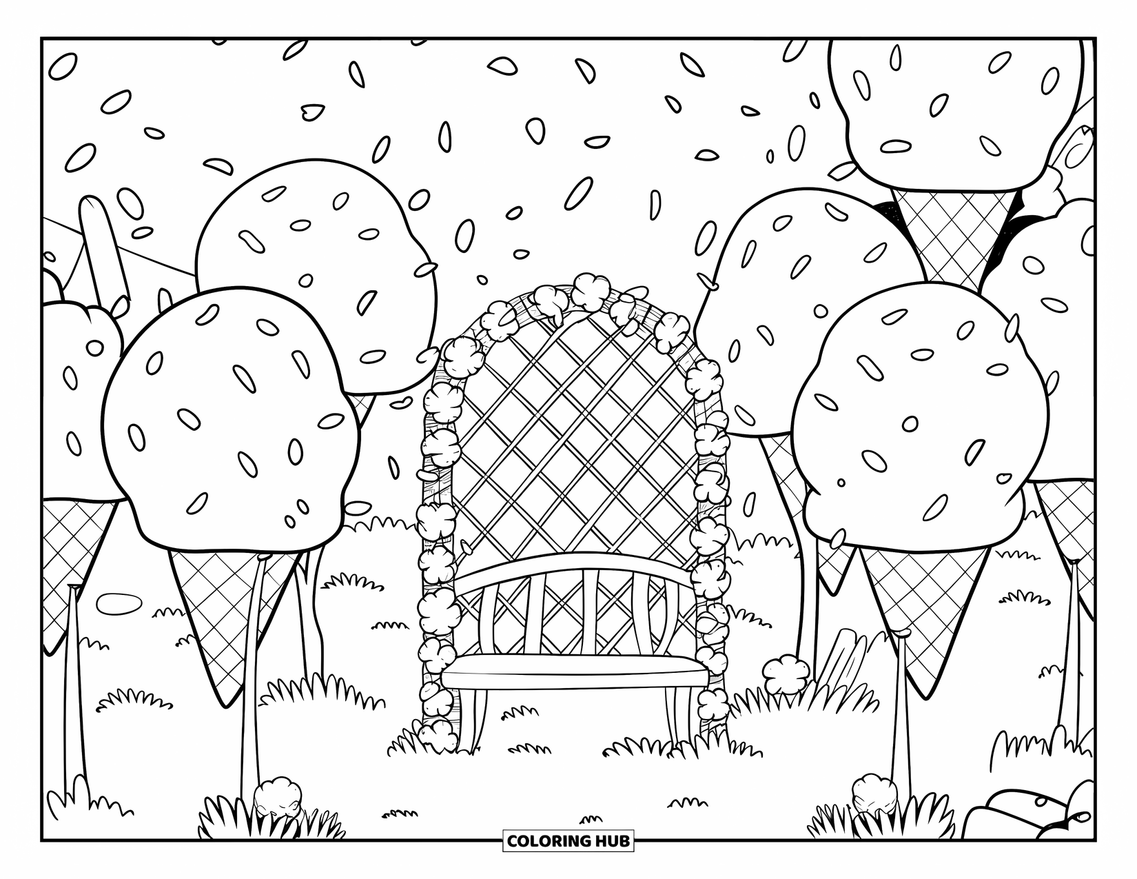 Desen de colorat cu înghețată pentru adulți: O grădină magică de înghețată cu copaci în formă de cornet, sprinkles plutitoare și o bancă confortabilă sub un spalier de cupă