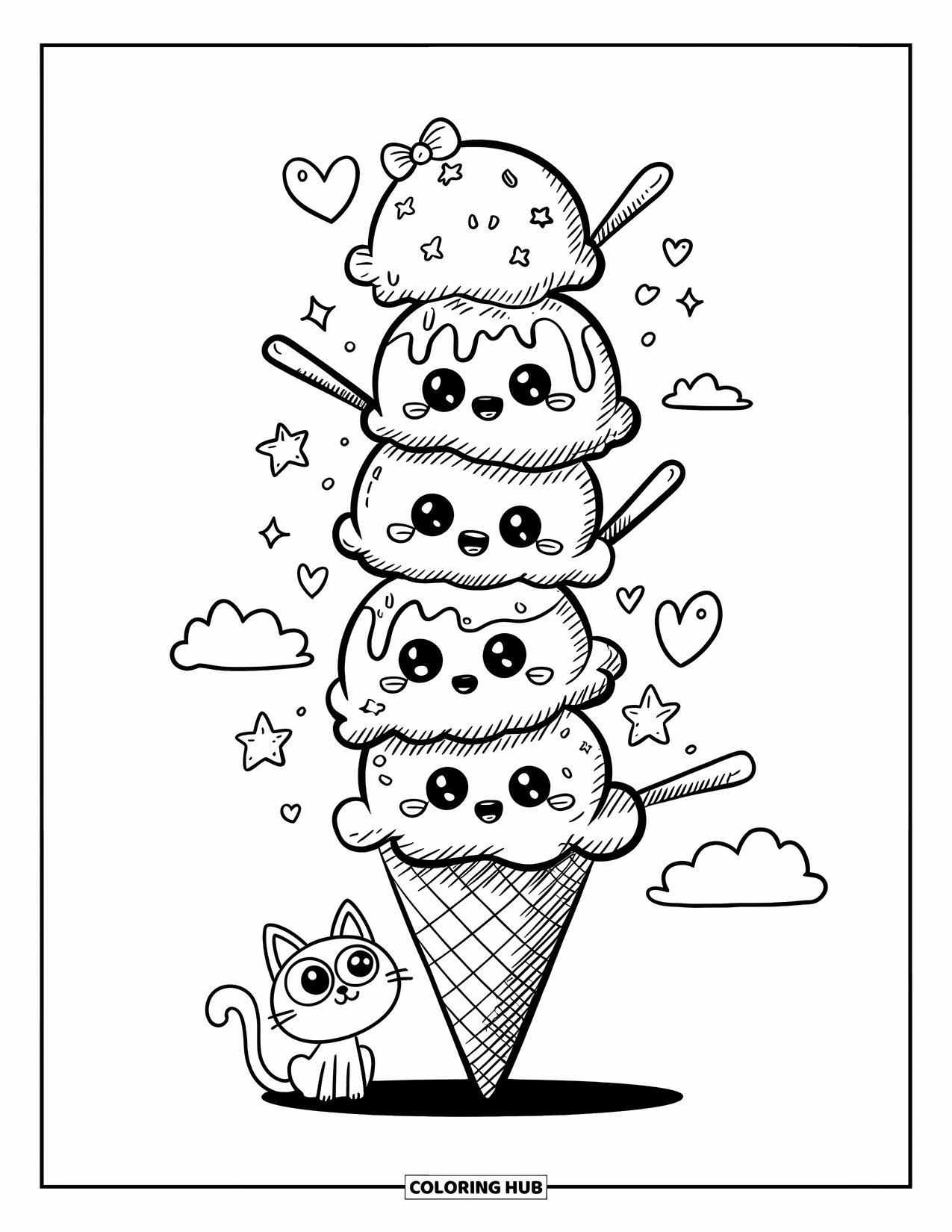 Desen de colorat cu înghețată pentru adulți: Un turn masiv de înghețată cu toppinguri drăguțe, urmărit de o pisică curioasă la baza sa