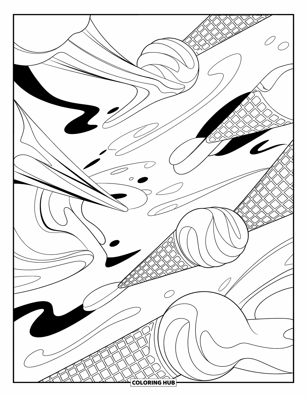 Desen de colorat cu înghețată pentru adulți: Un vârtej abstract hipnotizant de înghețată topită și texturi de napolitană, plin de modele complicate