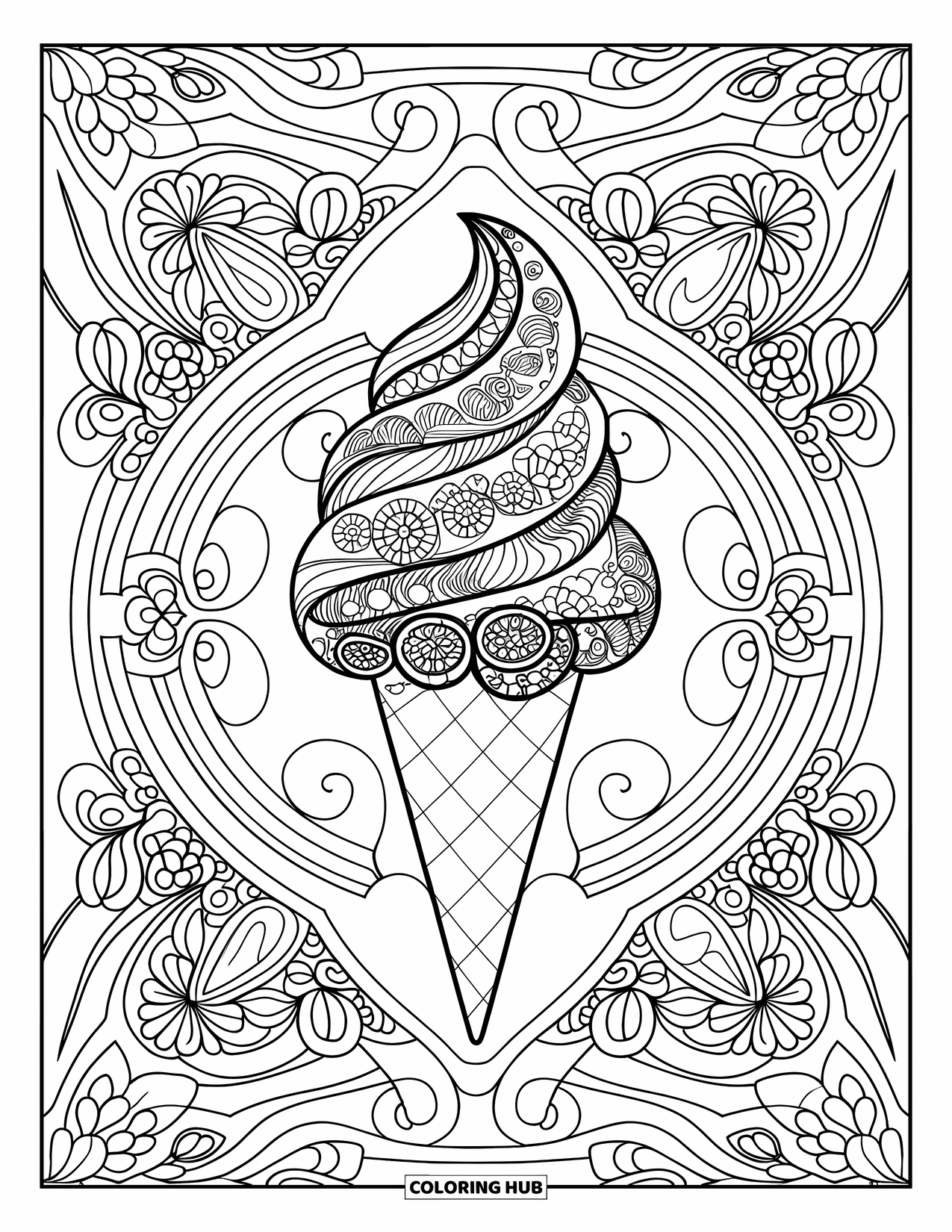 Desen de colorat cu înghețată pentru adulți: O mandala hipnotizantă de înghețată, cu modele spiralate, ornamentate și desene florale simetrice
