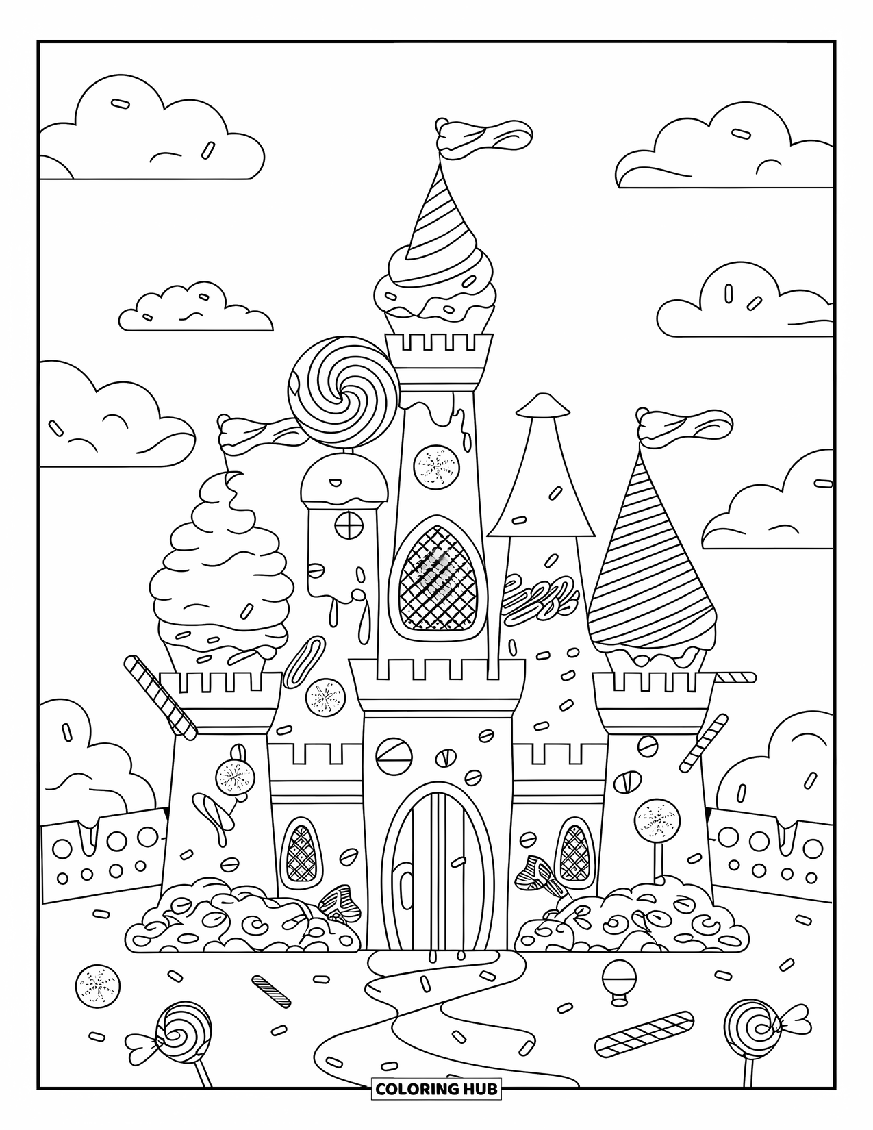 Desen de colorat cu înghețată pentru adulți: Un castel jucăuș de înghețată, cu turnulețe impunătoare, ornamente de bomboane și detalii decorative spiralate