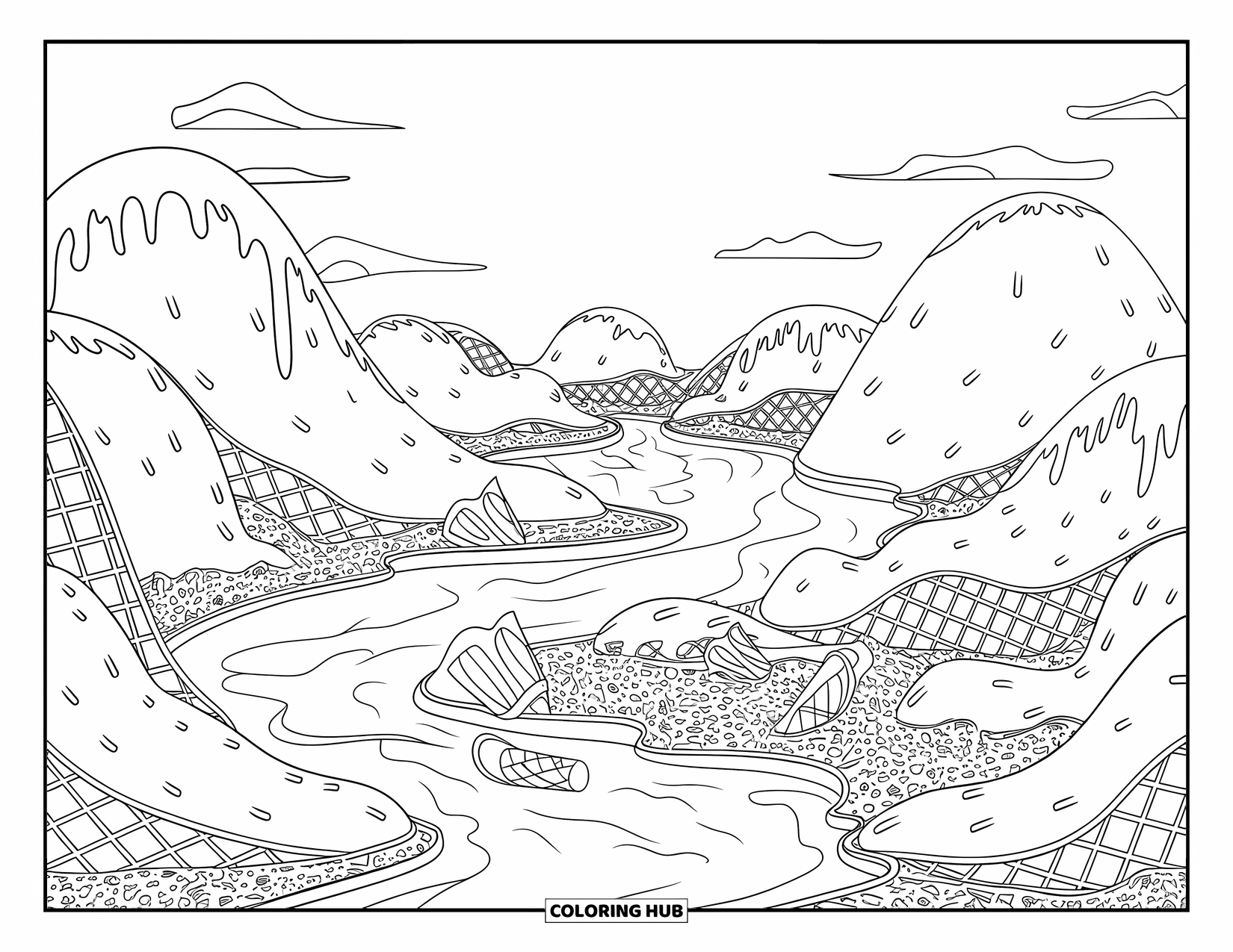 Desen de colorat cu înghețată pentru adulți: Un peisaj senin, de tip Zen, unde munții de înghețată și râurile creează un design artistic liniștitor