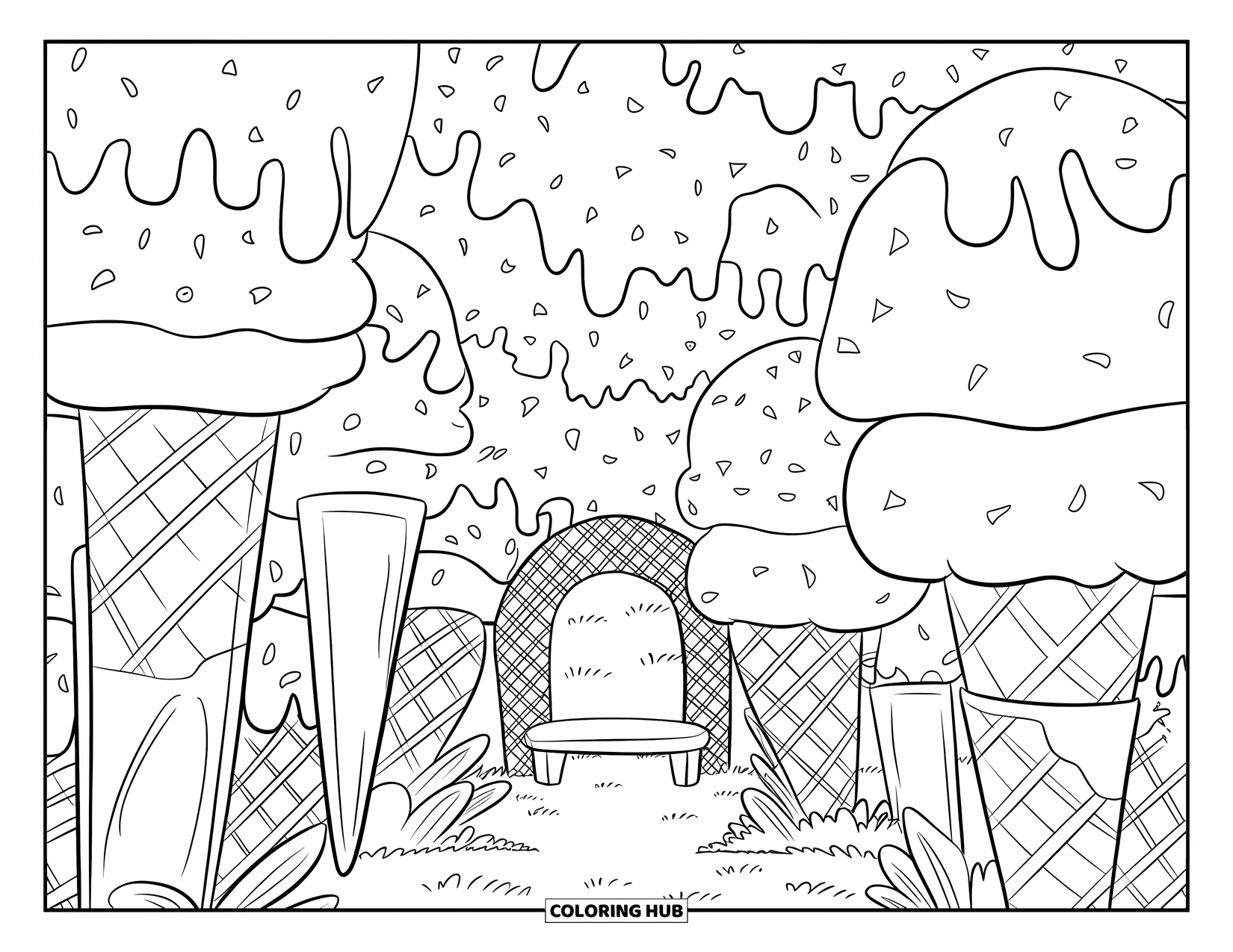 Desen de colorat cu înghețată pentru adulți: O grădină dulce și încântătoare, plină de copaci de înghețată, un spalier de cupă și o atmosferă pașnică