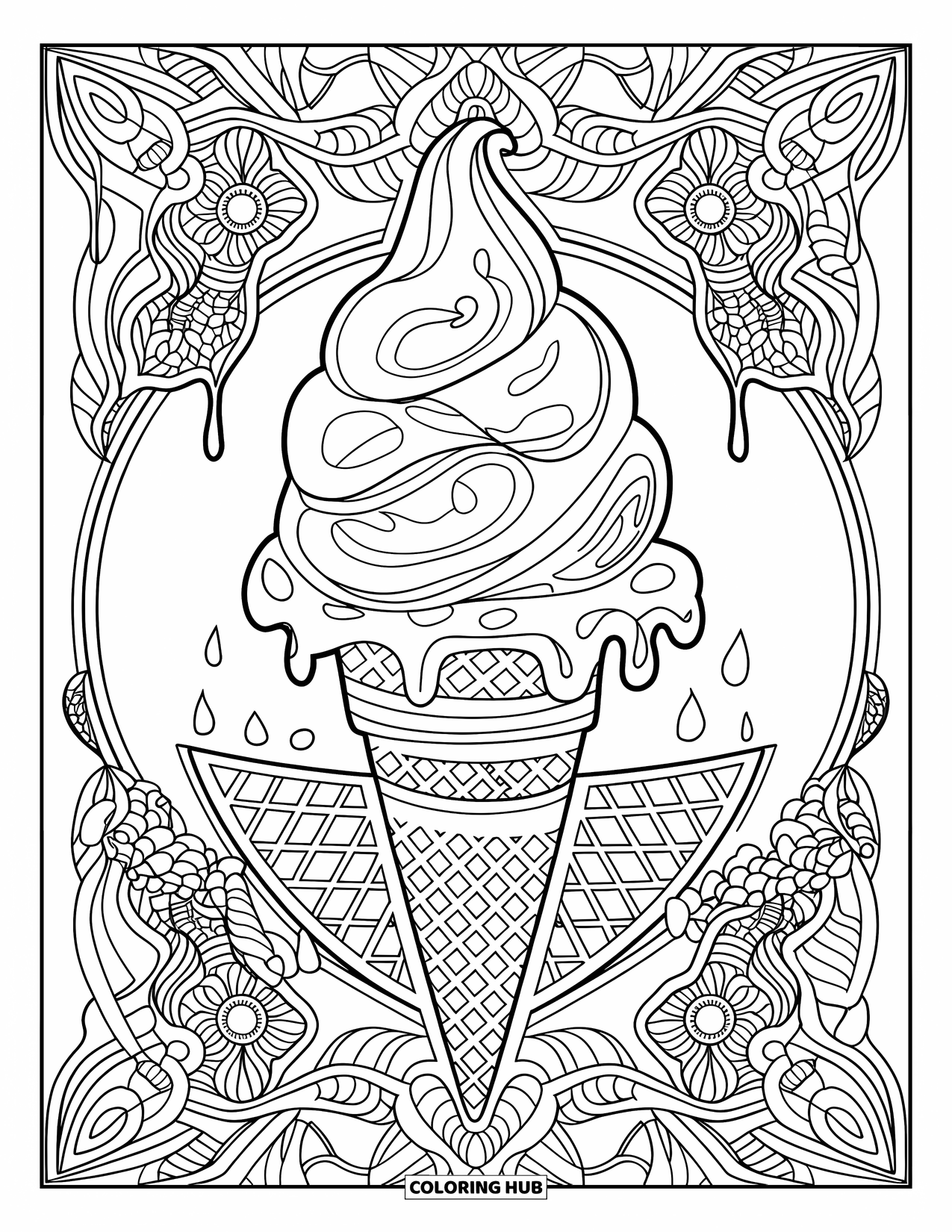 Desen de colorat cu înghețată pentru adulți: O mandala simetrică cu un cornet de înghețată, cu modele delicate și ornamente artistice