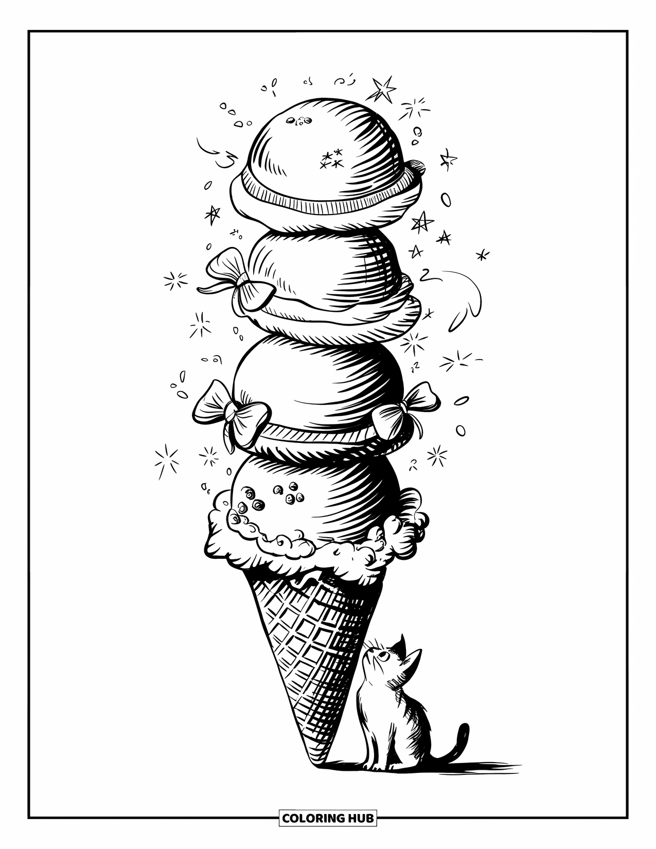 Desen de colorat cu înghețată pentru adulți: Un cornet impunător de înghețată cu cinci cupe decorate, în timp ce o pisică mică privește cu uimire