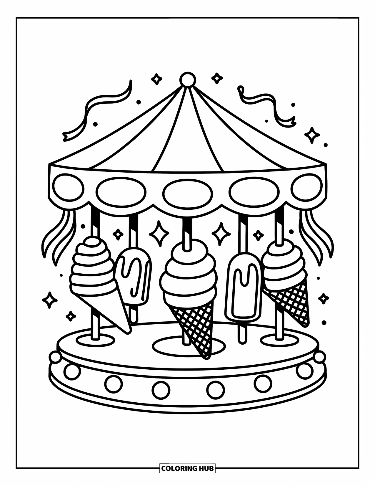 Desen de colorat cu înghețată pentru adulți: Un carusel capricios cu scaune de cornet de înghețată și înghețată pe băț, care se învârte sub un baldachin cu dungi