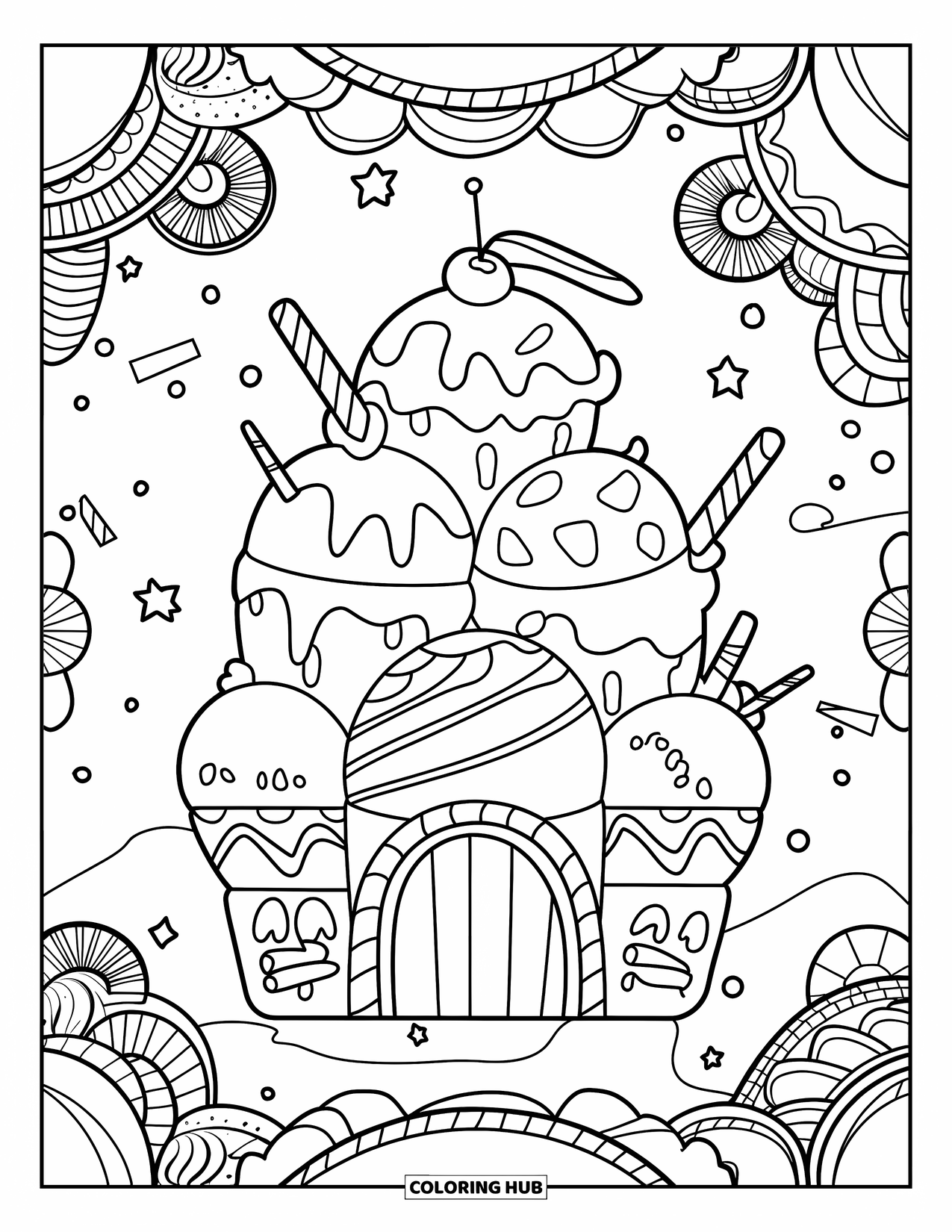 Desen de colorat cu înghețată pentru adulți: Un castel capricios de înghețată, împodobit cu dulciuri, acoperit cu cupe pufoase și înconjurat de nori