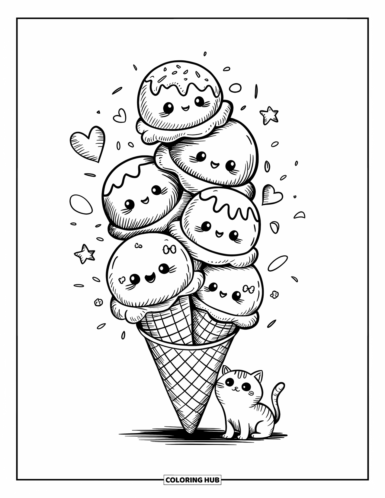 Desen de colorat cu înghețată pentru adulți: Un cornet capricios de înghețată stivuit sus cu cupe, stele și sprinkles, admirat de o pisică mică