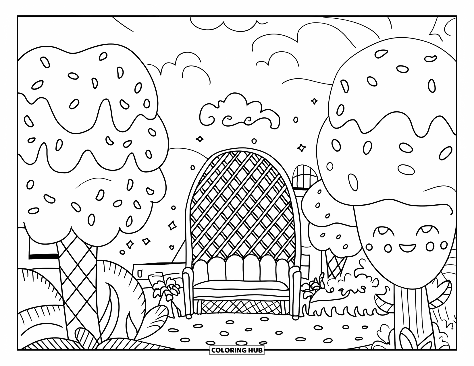 Desen de colorat cu înghețată pentru adulți: O grădină capricioasă de înghețată cu copaci supradimensionați în formă de cornet, un spalier de cupă și sprinkles care plutesc ca petale