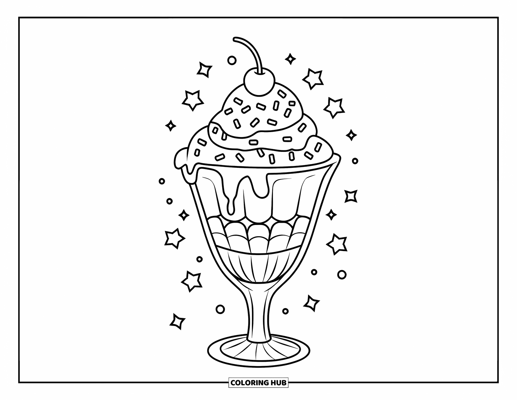 Desen de colorat cu înghețată pentru copii: O cupă mare de înghețată într-un pahar, decorată cu sirop, sprinkles și o cireașă, gata de savurat