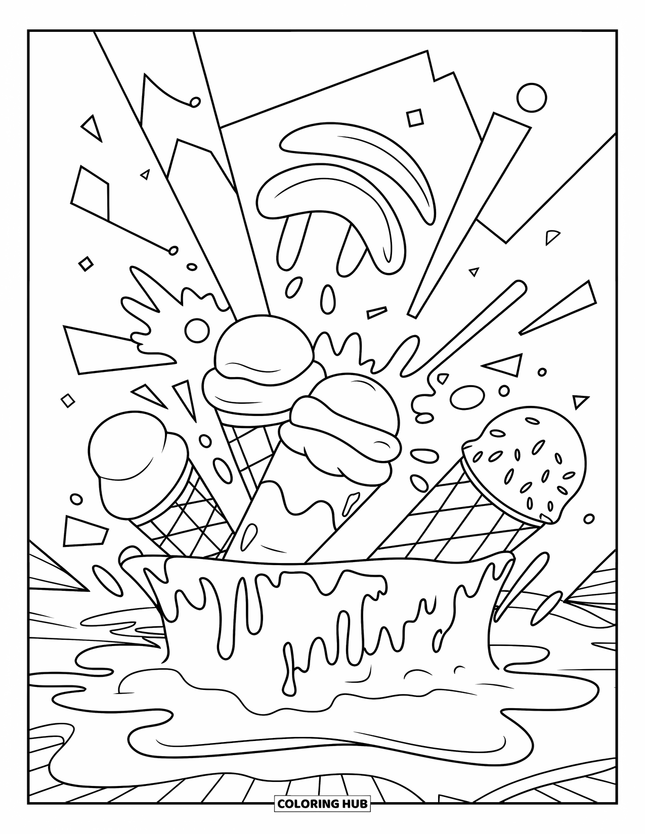 Desen de colorat cu înghețată pentru copii: O pată îndrăzneață de înghețată care picură, decorată cu cercuri, stele și triunghiuri într-un stil abstract