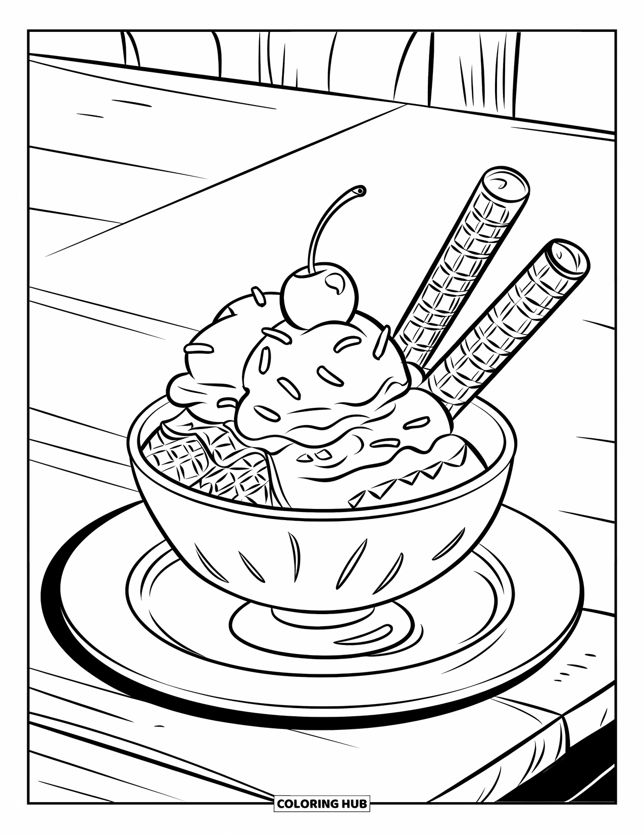 Desen de colorat cu înghețată pentru copii: Un bol de înghețată cu frișcă, o cireașă deasupra și bețișoare de napolitană, așezat pe o farfurie