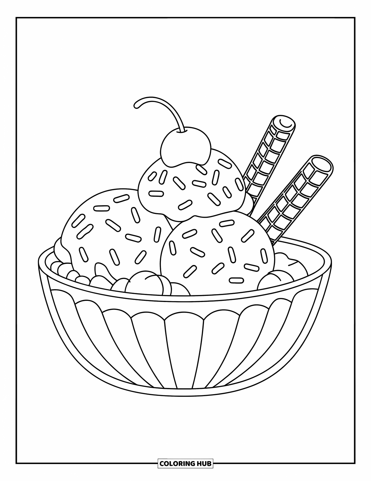 Desen de colorat cu înghețată pentru copii: Un bol de înghețată cu frișcă, sprinkles și bețișoare de napolitană, conceput pentru colorare ușoară