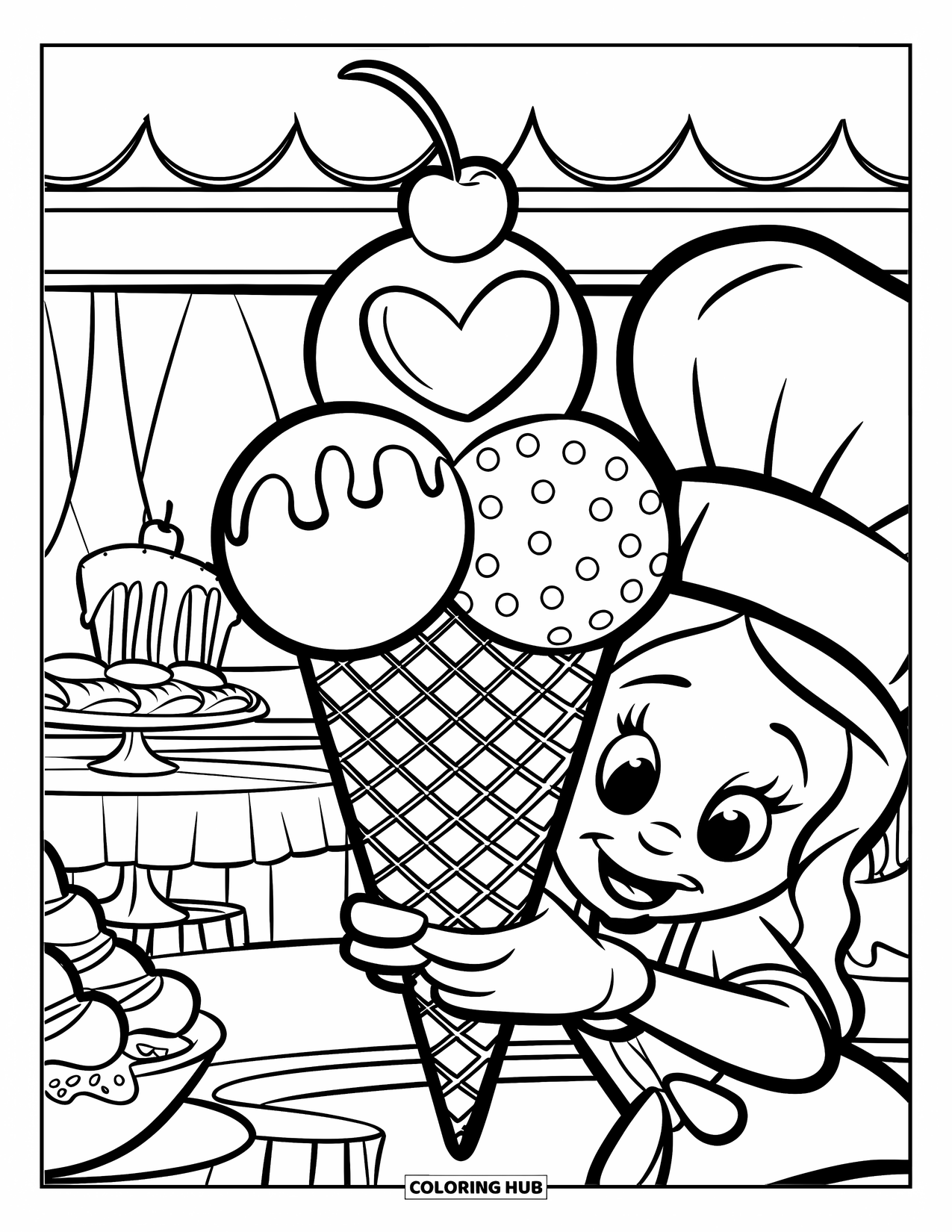 Desen de colorat cu înghețată pentru copii: Un personaj cu o pălărie de bucătar ține un cornet decorativ cu trei cupe la o masă de desert