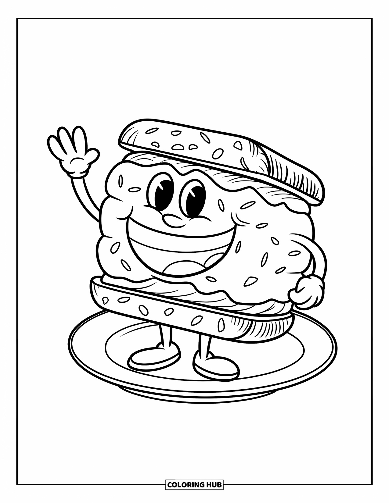 Desen de colorat cu înghețată pentru copii: Un sandviș vesel cu înghețată, cu brațe și picioare, face cu mâna, cu sprinkles deasupra și un zâmbet mare