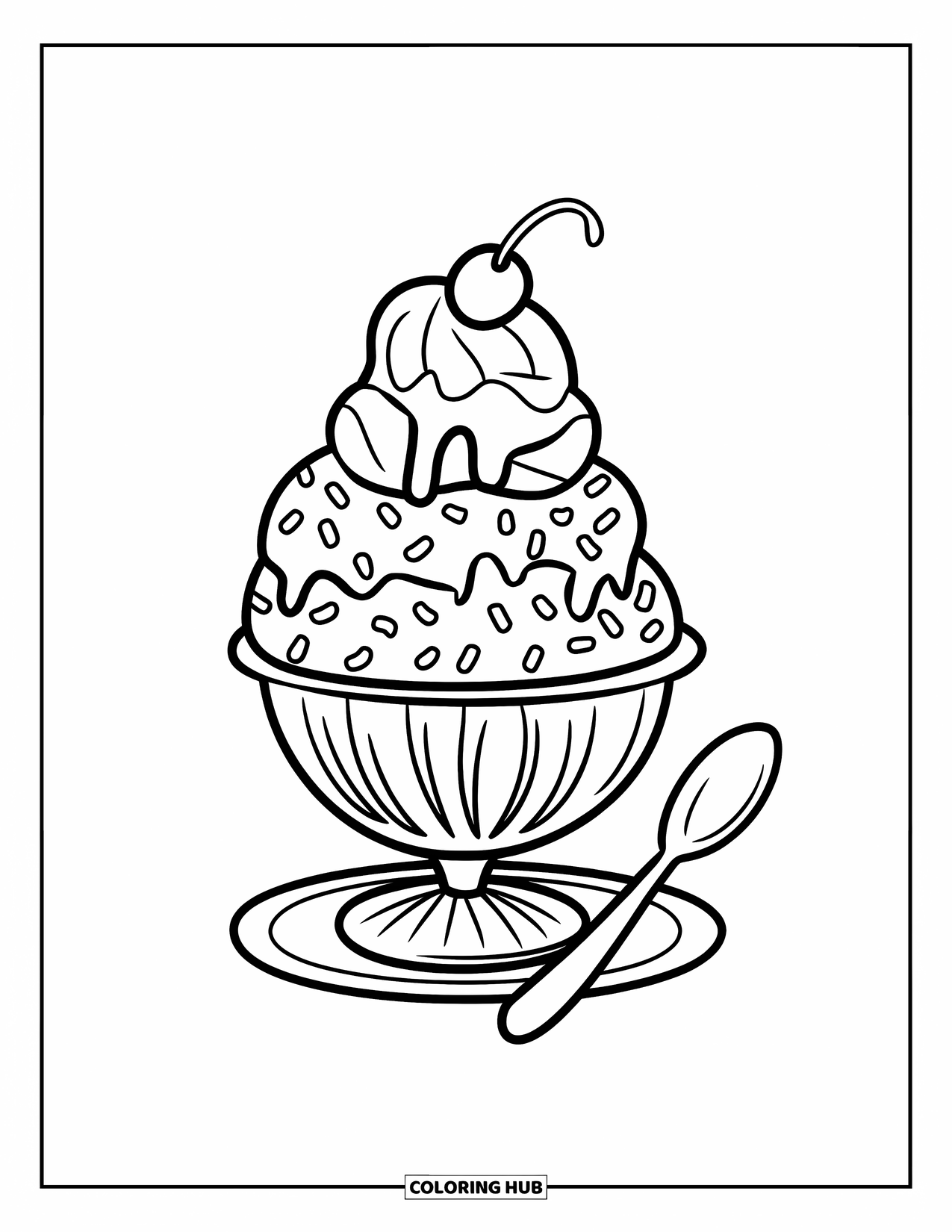 Desen de colorat cu înghețată pentru copii: O cupă veselă de înghețată cu frișcă, sirop și o lingură fericită lângă ea