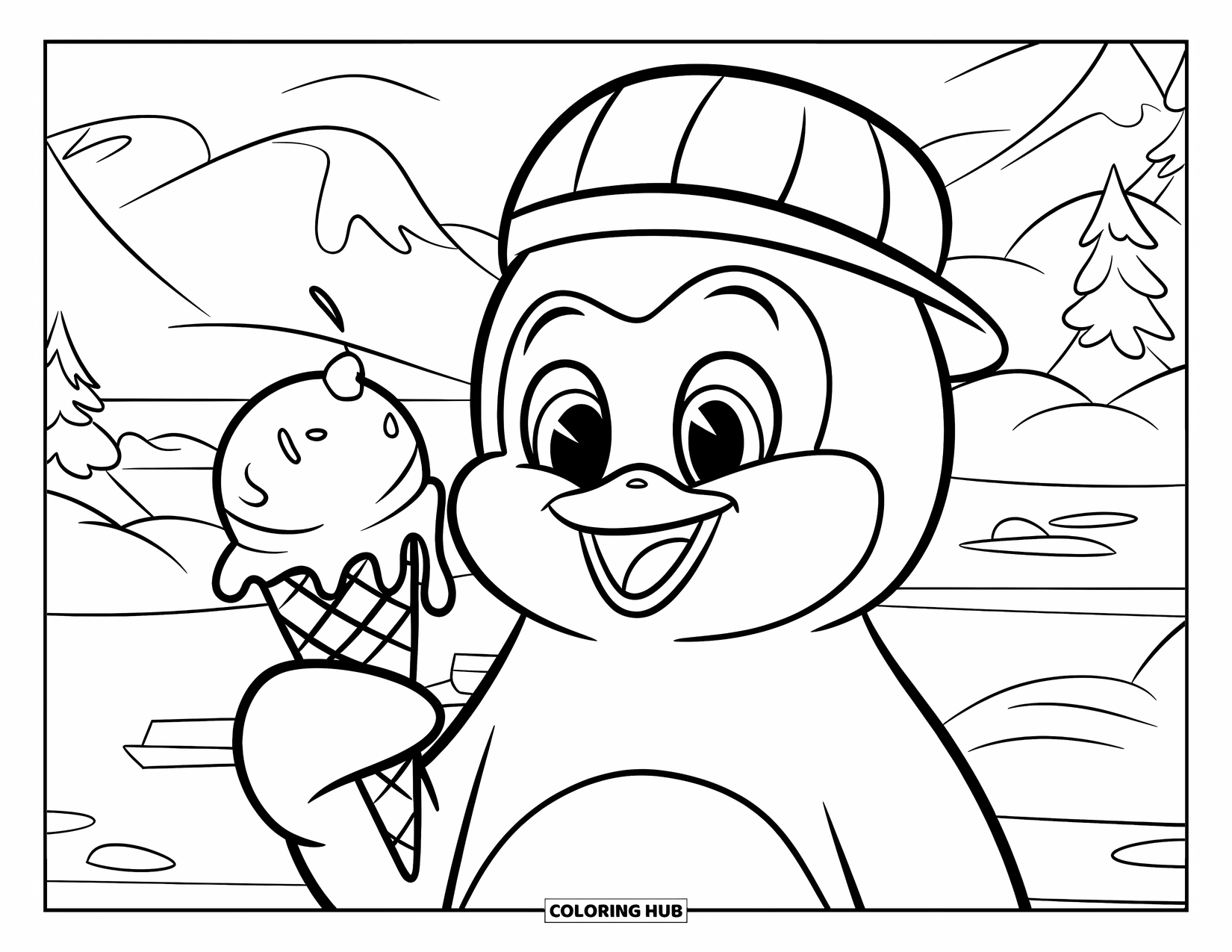 Desen de colorat cu înghețată pentru copii: Un pinguin vesel ține un cornet de înghețată care se topește, stând într-un peisaj înzăpezit cu munți și copaci