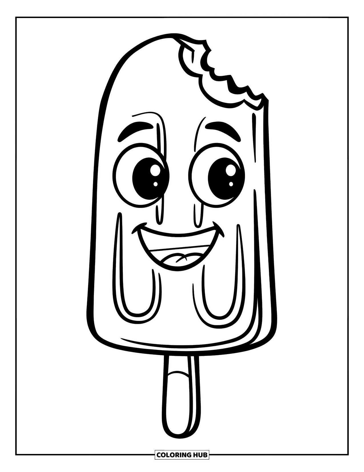 Desen de colorat cu înghețată pentru copii: O înghețată pe băț veselă, cu un zâmbet mare și o urmă de mușcătură, cu contururi curate pentru colorare ușoară