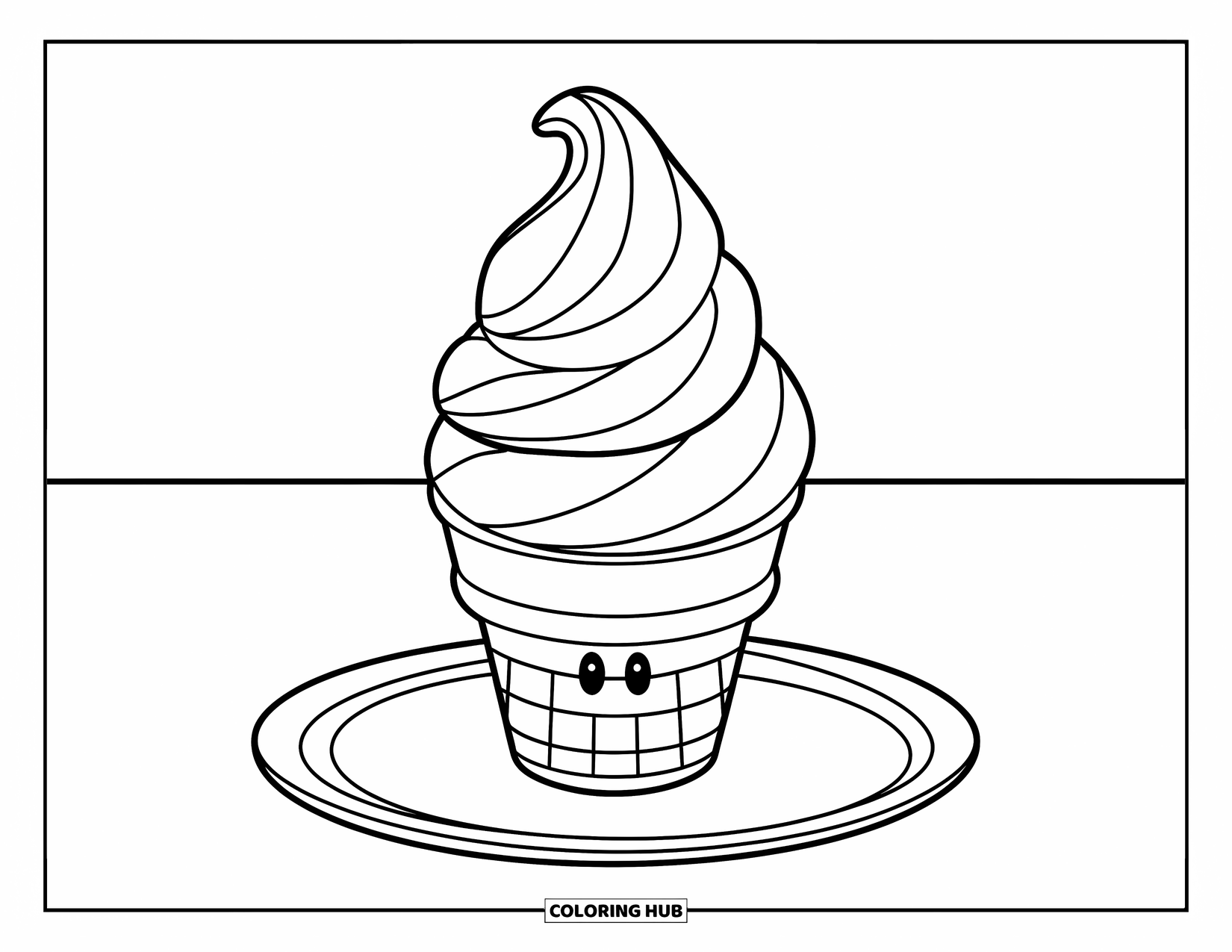 Desen de colorat cu înghețată pentru copii: Un cornet drăguț de înghețată cu o față fericită, așezat pe o farfurie, așteptând să fie savurat