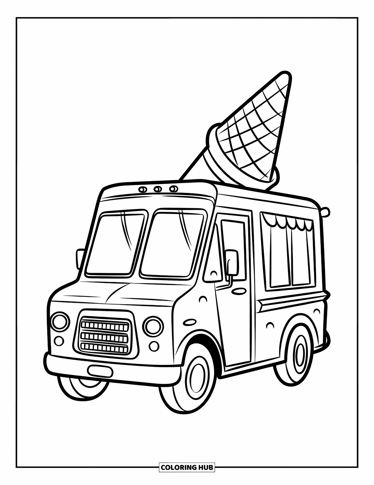 Desen de colorat cu înghețată pentru copii: O camionetă drăguță de înghețată, cu un cornet mare deasupra, aducând bunătăți delicioase cu o vibrație veselă