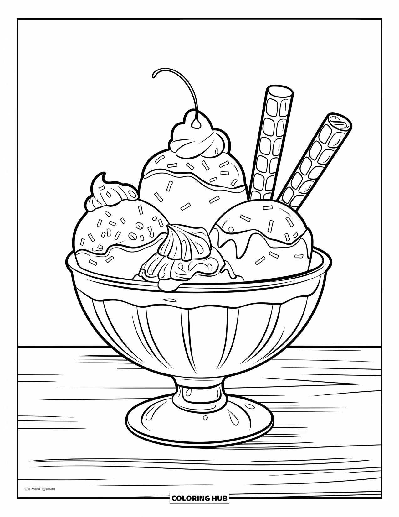 Desen de colorat cu înghețată pentru copii: Un bol delicios de înghețată cu frișcă și bețișoare de napolitană, așezat pe o suprafață de lemn