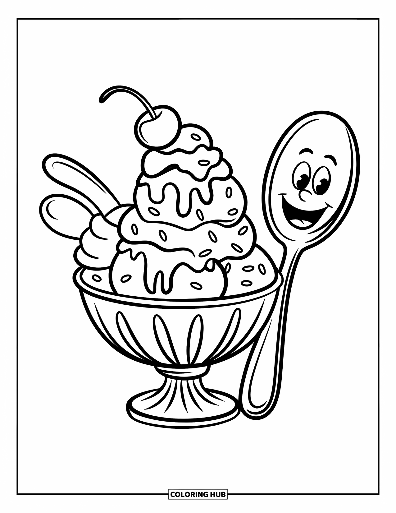 Desen de colorat cu înghețată pentru copii: O cupă de înghețată încântătoare, cu sprinkles, o lingură zâmbitoare și o cireașă deasupra, gata de savurat