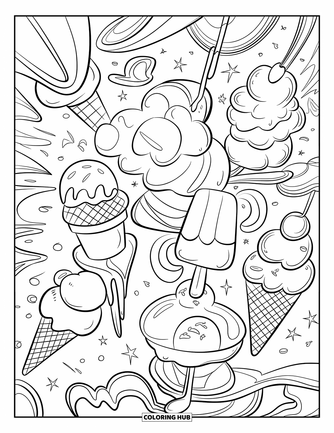 Desen de colorat cu înghețată pentru copii: Un doodle detaliat cu bunătăți de înghețată, combinând cupe, cornete și înghețate pe băț într-un design distractiv